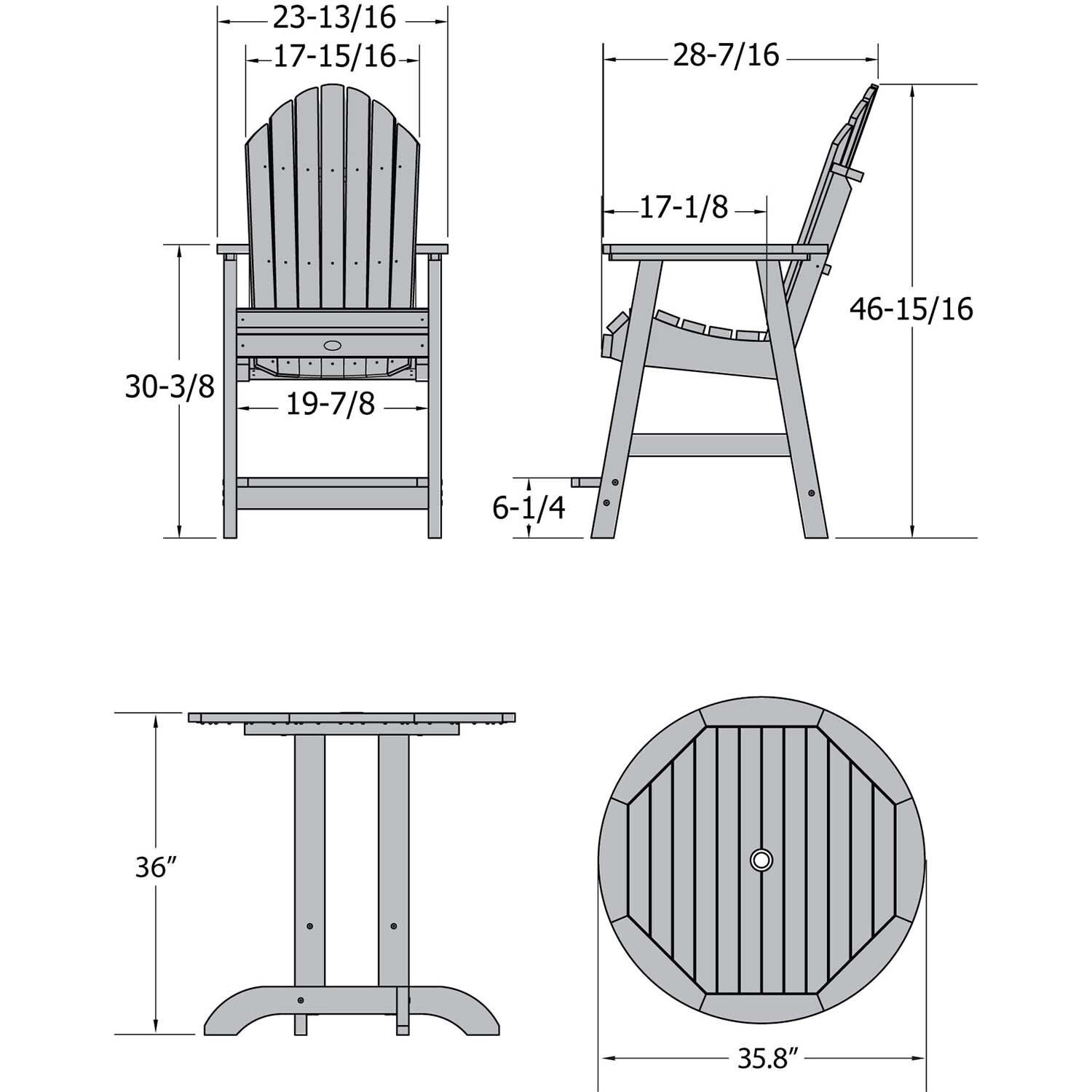 Dream Bay 3 Pc Recycled Plastic Round Dining Set in Black By Lakeview Outdoor Designs - Dimensional