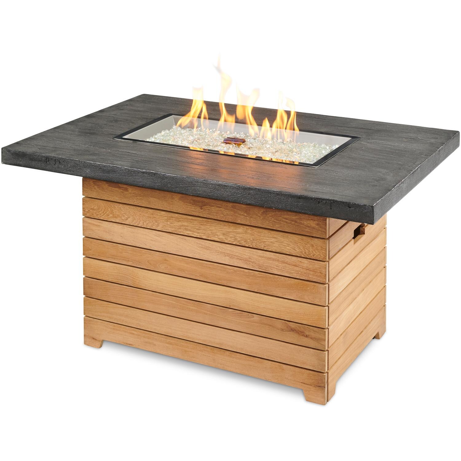 The Outdoor GreatRoom Company Darien DAR-1224-EBG-K 44-Inch Rectangular Propane Gas Fire Pit Table with Everblend Top and 24-Inch Crystal Fire Burner - Shown With Burner Lit thumbnail