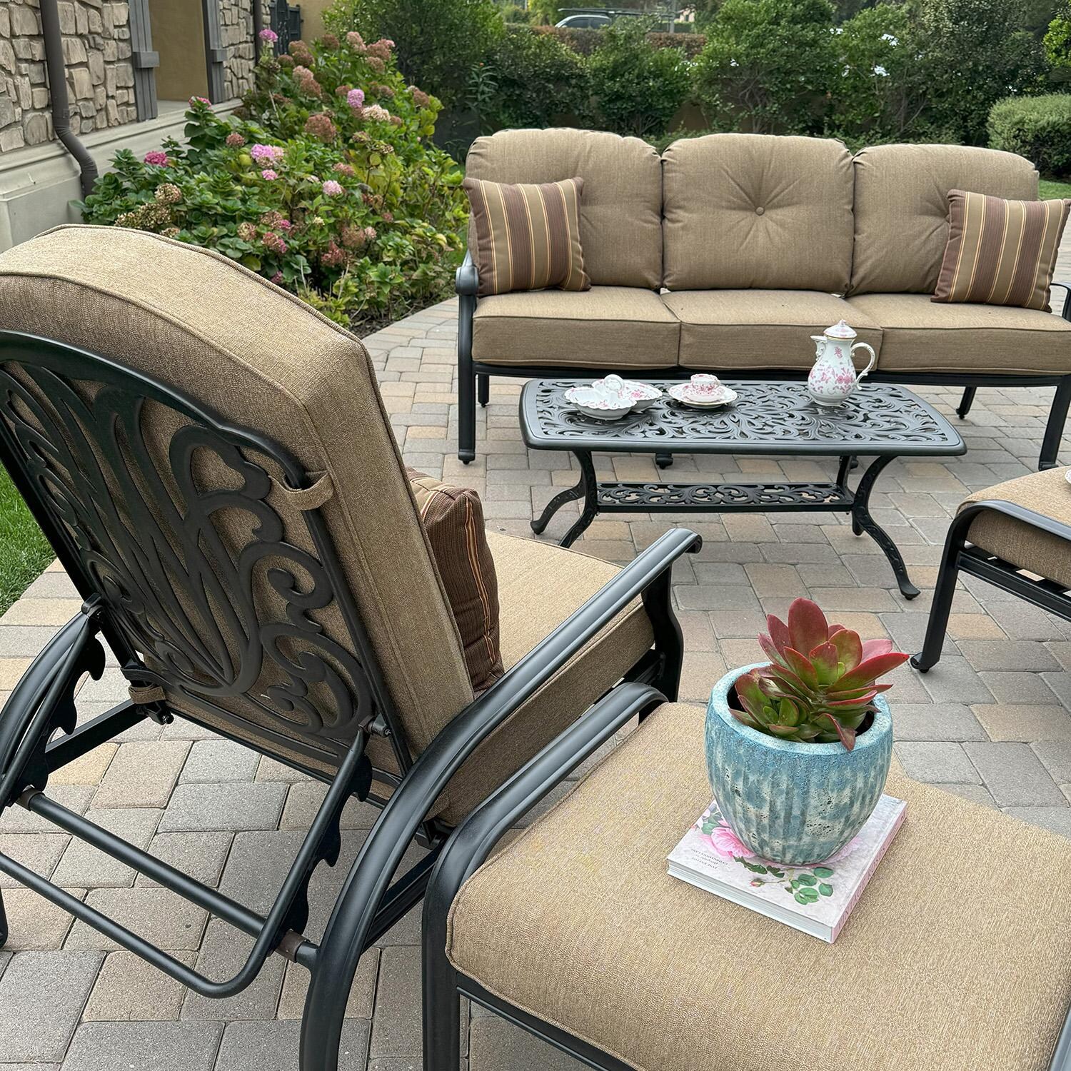 Elisabeth 6 Pc Cast Aluminum Seating Set w/ Series 80 Coffee Table in Antique Bronze by Darlee - Close Up - Detail thumbnail