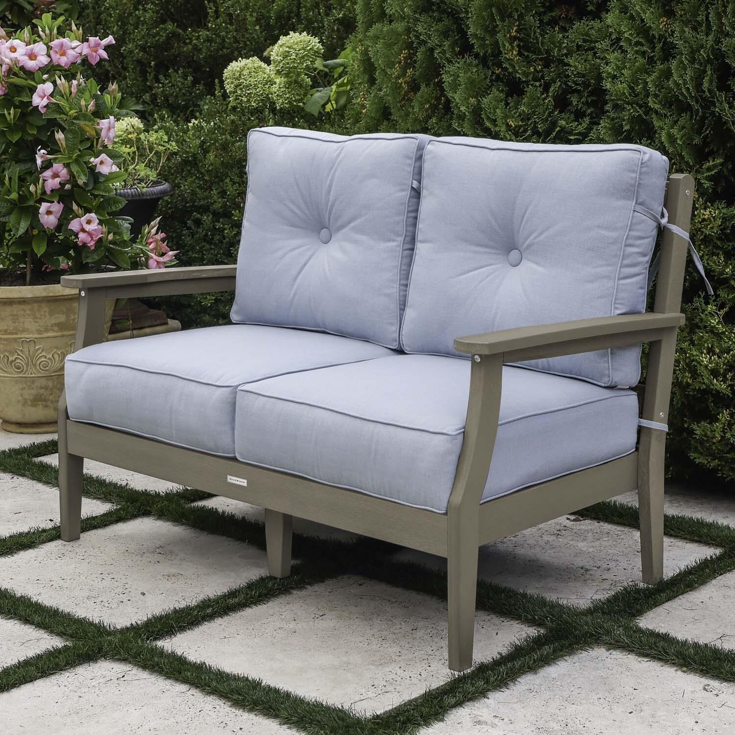 Blushing Bay 2 Person Recycled Plastic Loveseat in Bliss Dew/Woodland Brown by Lakeview Outdoor Designs - Right Angled - Lifestyle thumbnail