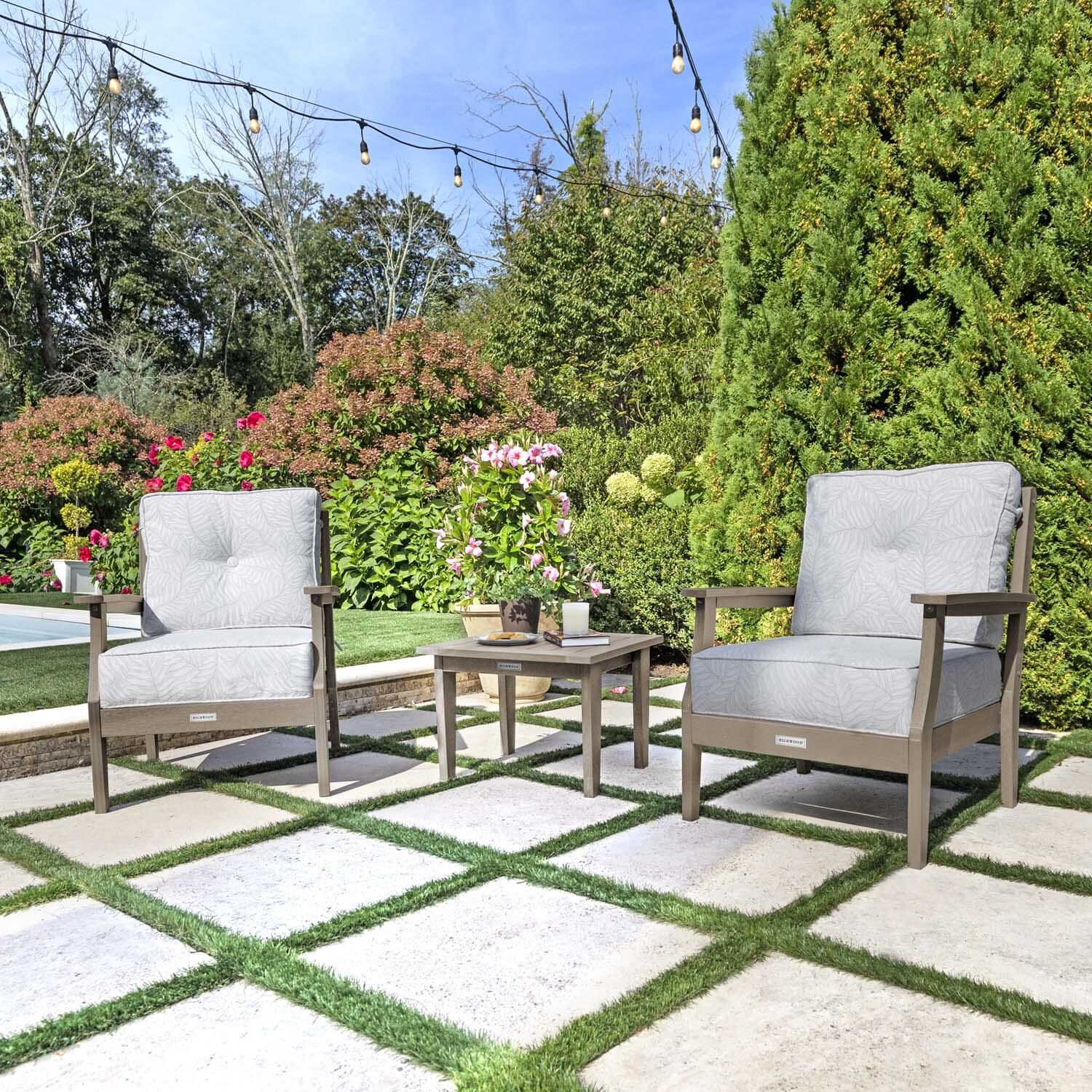 Blushing Bay 3 Pc Recycled Plastic Seating Set in Lively Parchment/Woodland Brown by Lakeview Outdoor Designs - Angled Right - Lifestyle thumbnail
