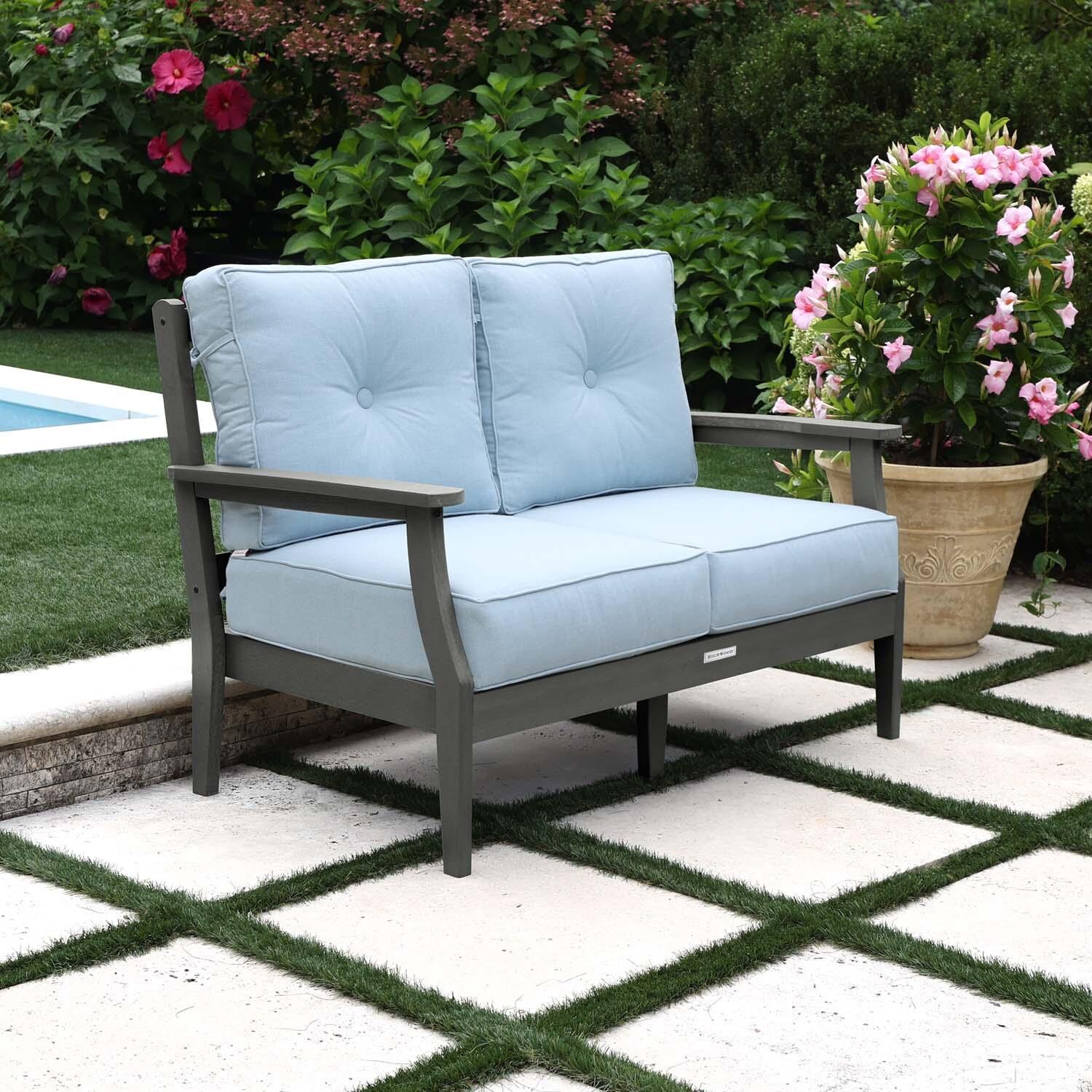 Blushing Bay 2 Person Recycled Plastic Loveseat in Bliss Dew/Coastal Teak by Lakeview Outdoor Designs - Left Angled - Lifestyle thumbnail