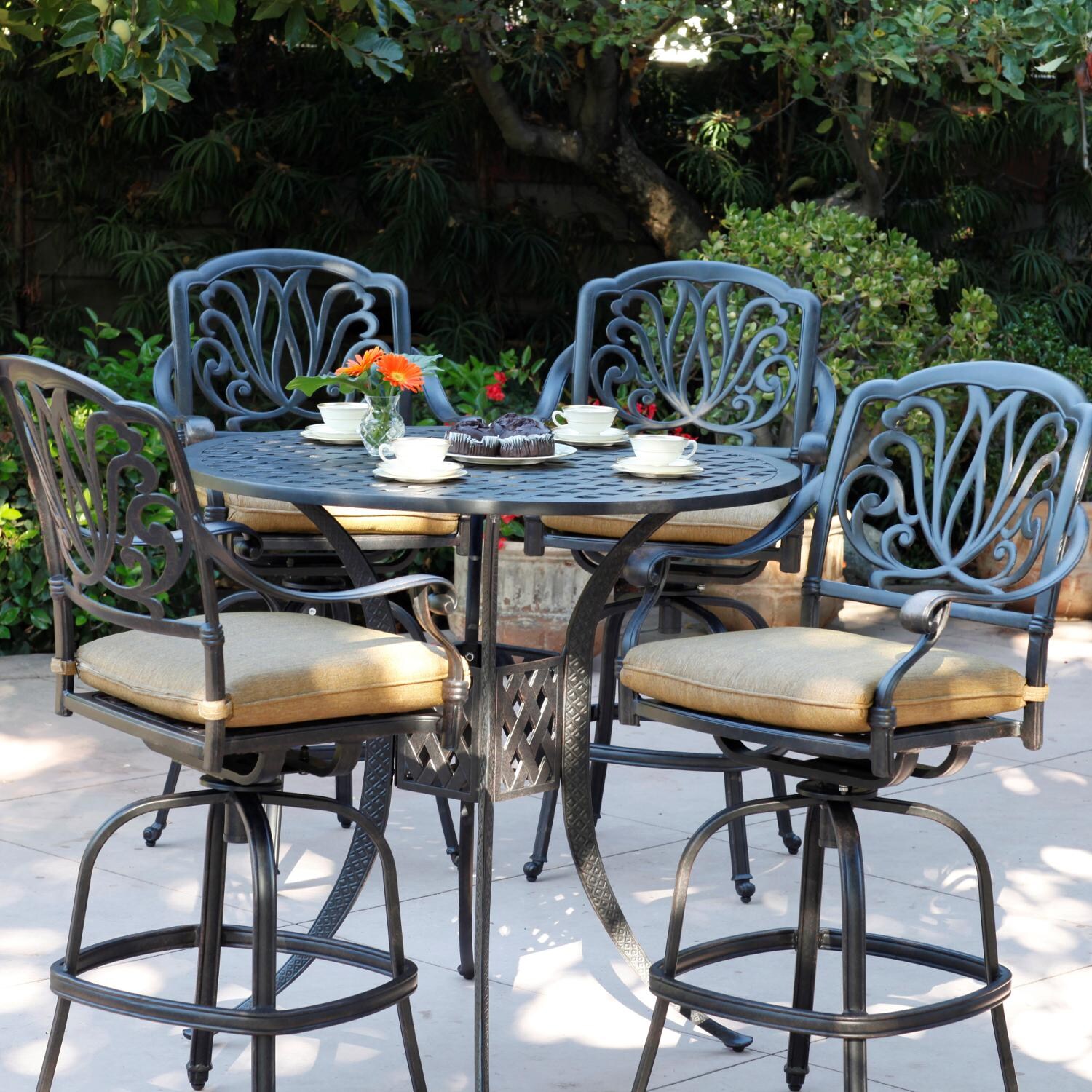 Elisabeth 5 Piece Cast Aluminum Patio Bar Set W 42 Inch Round Table Swivel Bar Stools Sesame Cushions By Darlee BBQGuys