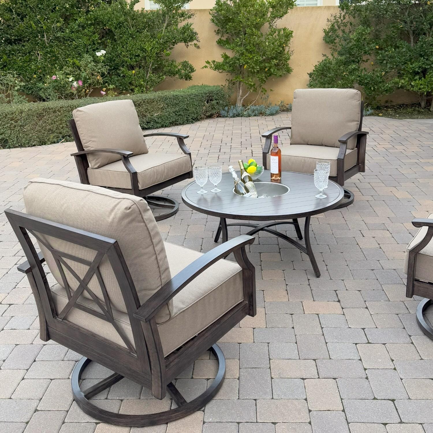 Atlantis 5 Pc Aluminum Seating Set w/ 4 Swivel Rocker Club Chairs & Ice Bucket in Walnut/Beige by Darlee - Chair Rear - Lifestyle thumbnail