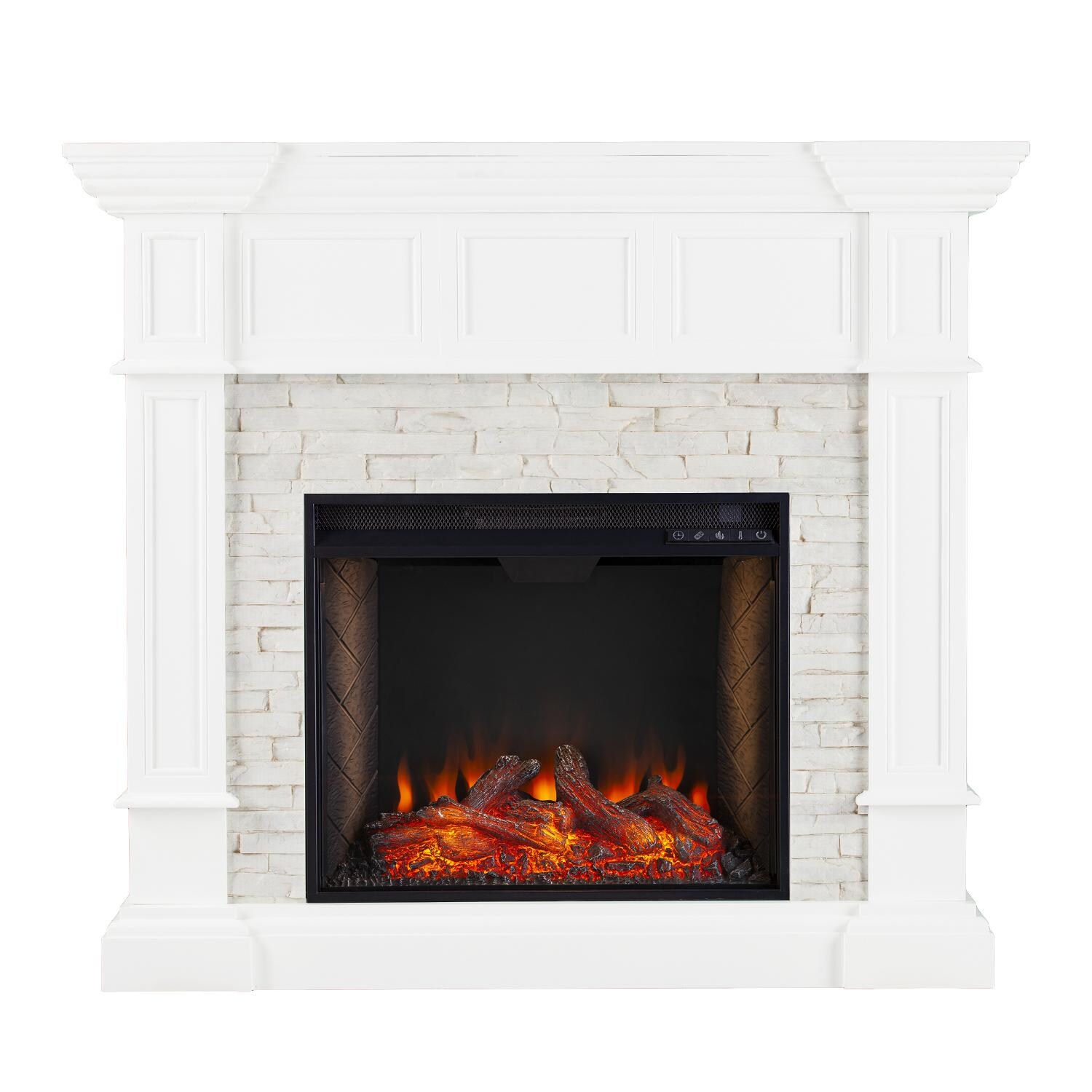 Southern Enterprises FS9638 Merrimack 45-Inch Electric Fireplace W/ Alexa-Enabled Smart Firebox -  White W/ Faux Stone Surround - Front View thumbnail