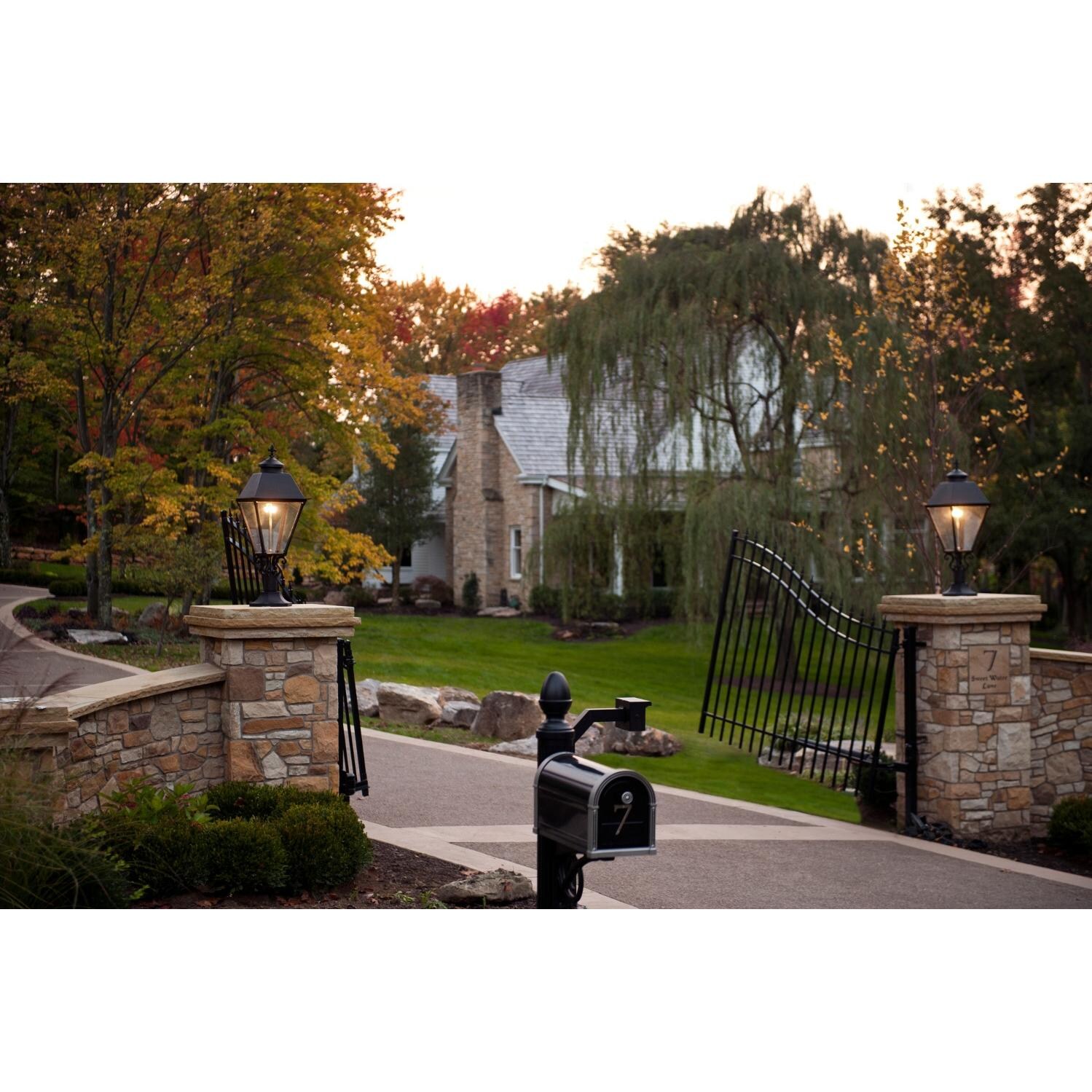 American Gas Lamp Works GL3000 Cast Aluminum Manual Ignition Propane Gas Light With Open Flame Burner And Pedestal Mount - In Use thumbnail