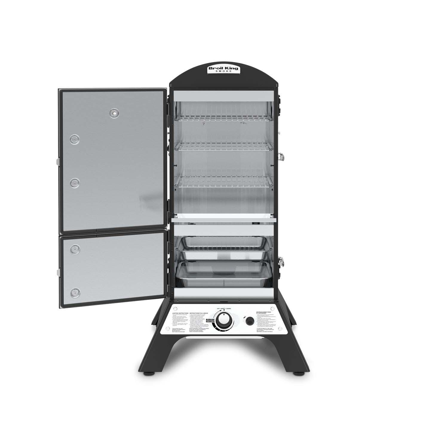 Broil King 28-Inch Smoke Vertical Propane Gas Smoker - Black - Door Open - White Background thumbnail