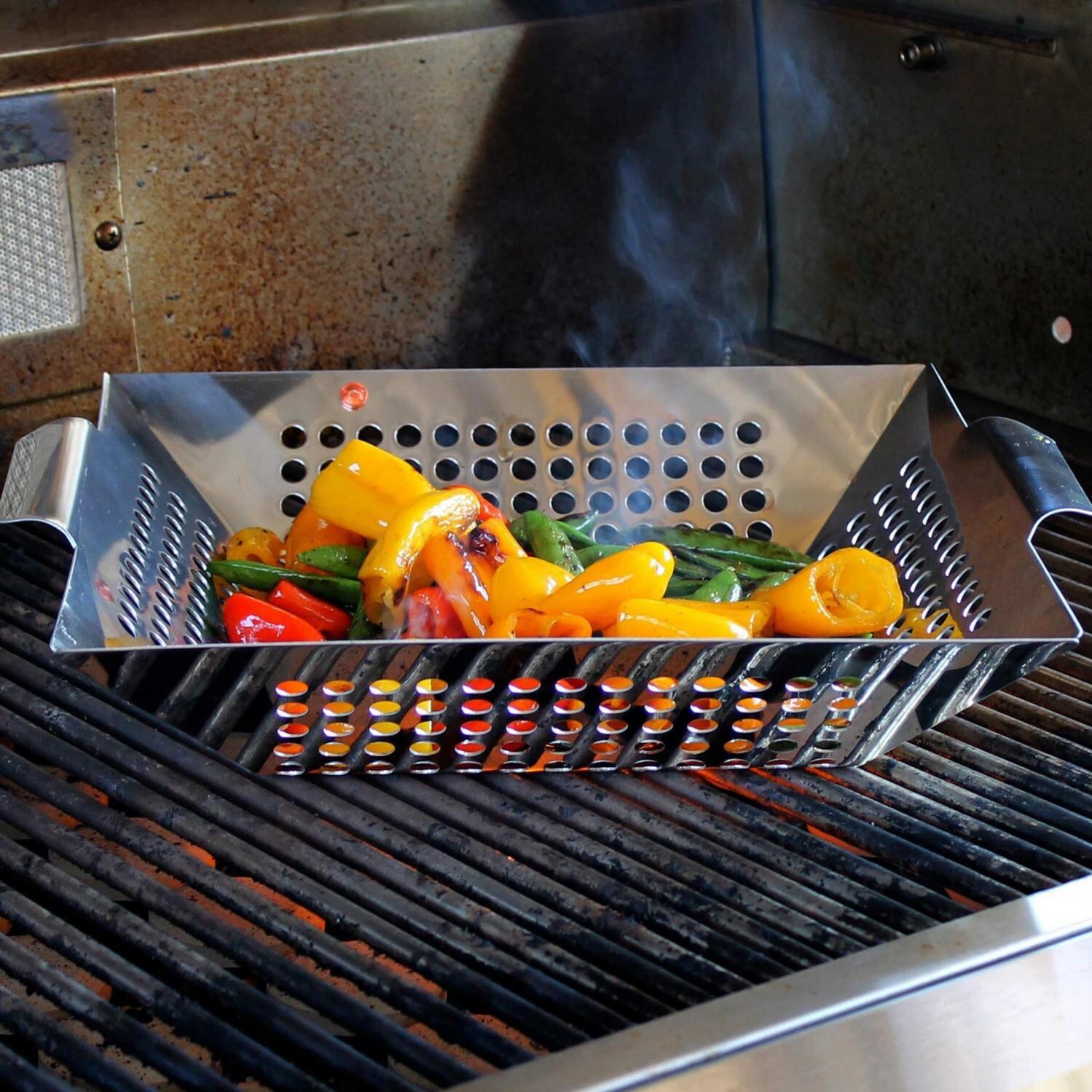 Outset Stainless Steel Grill Wok W/ Handles - Grill w/ Food thumbnail