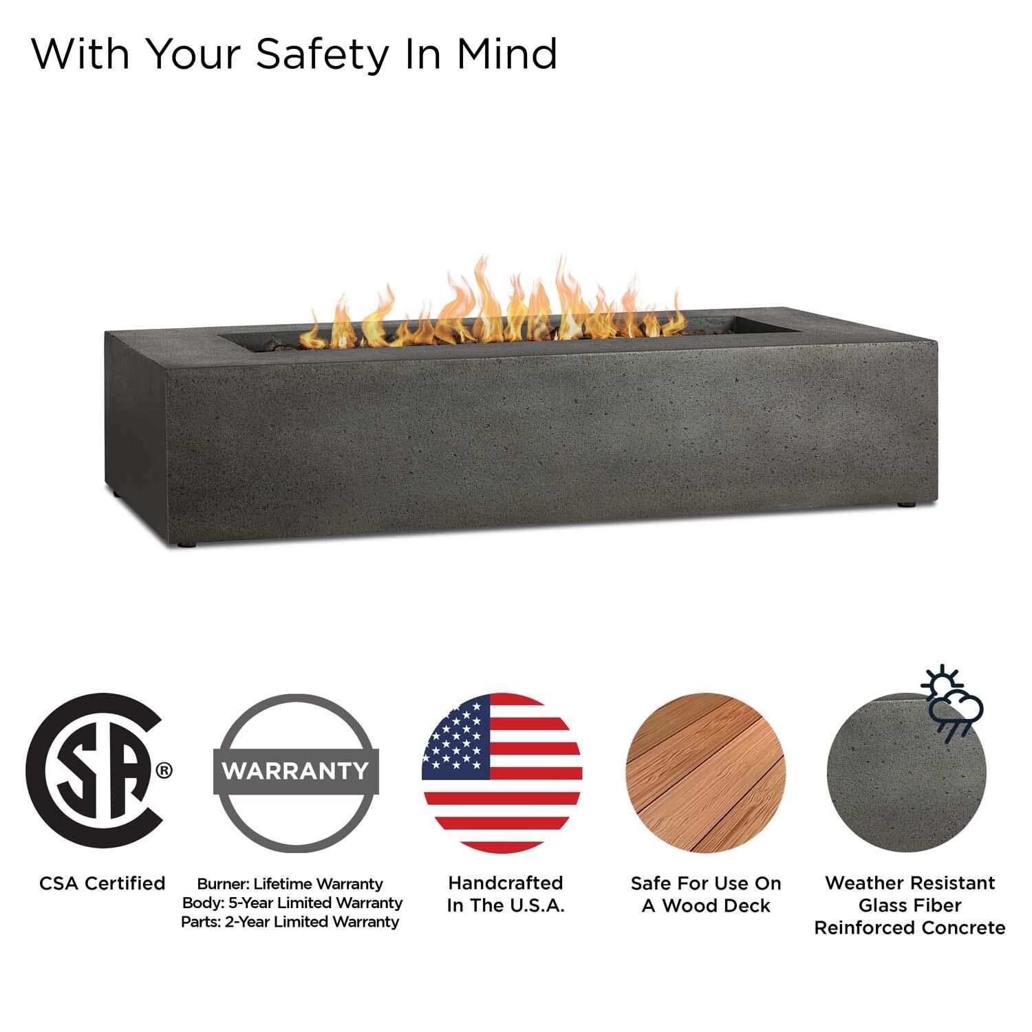 Hillview Bay 56 Inch Rectangular Glass Fiber Reinforced Concrete Propane Fire Pit Table in Carbon by BBQGuys Signature - Safety thumbnail