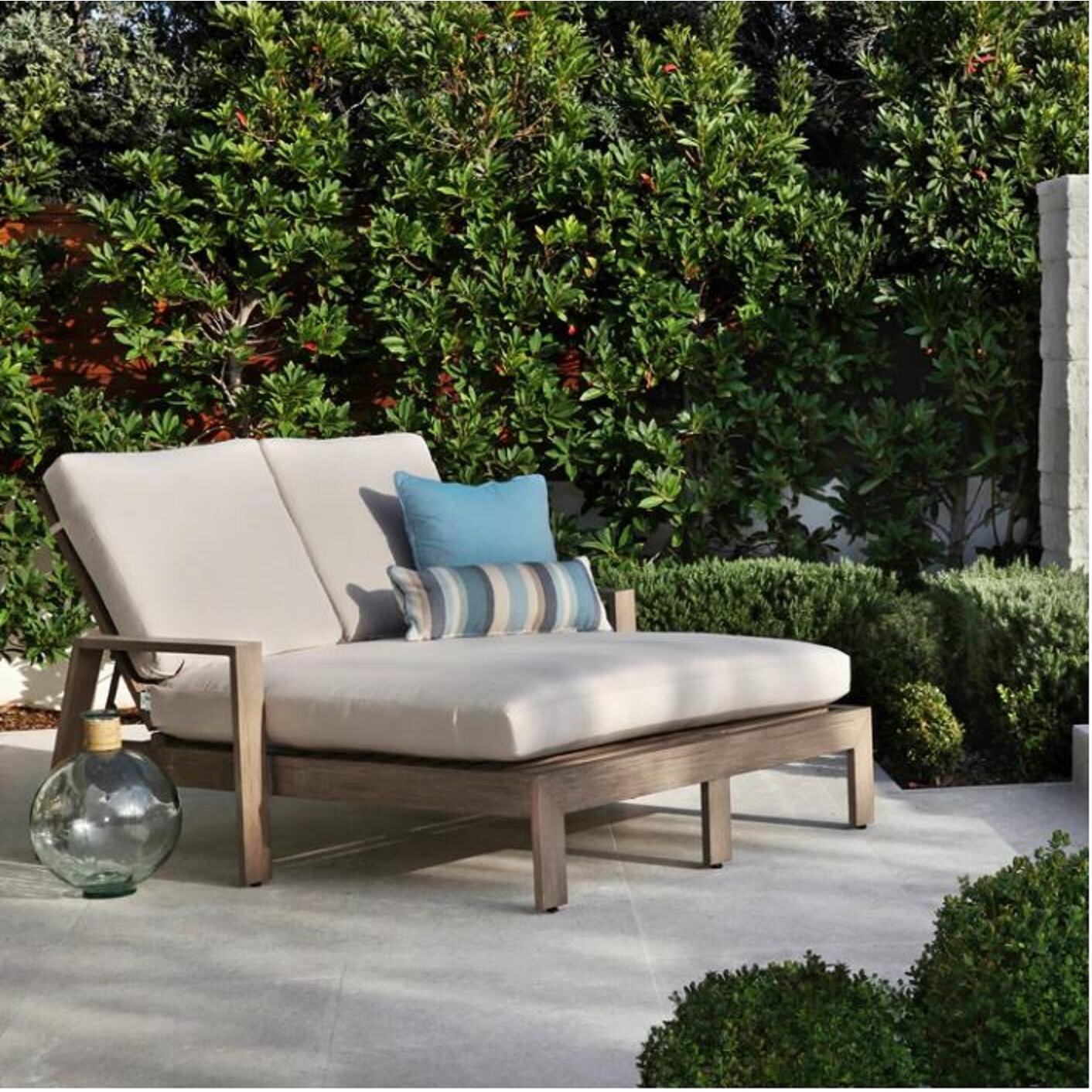 Laguna Aluminum Patio Double Chaise Lounge W/ Sunbrella Canvas Flax Cushions By Sunset West - Lifestyle thumbnail