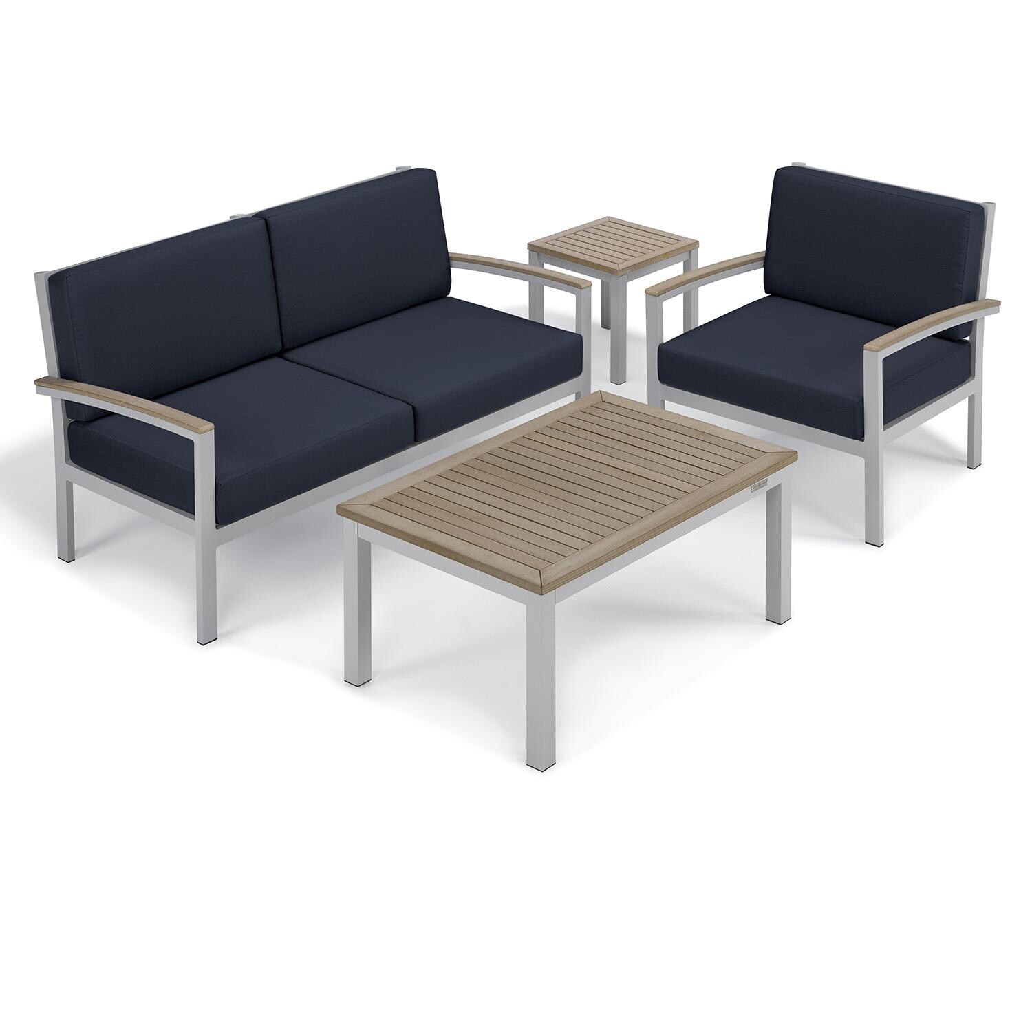 Oxford Garden 5256-PC.F Travira 4 Pc Aluminum Seating Set w/ Club Chair in Vintage Tekwood/ Midnight Blue by Oxford Garden - Set - White Background thumbnail