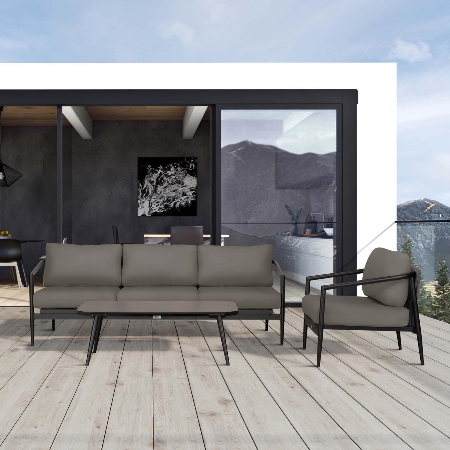 Lakeview Midnight Cove 3 Pc Aluminum Sofa Seating Set in Black/Carbon/Canvas Charcoal - Lifestyle thumbnail