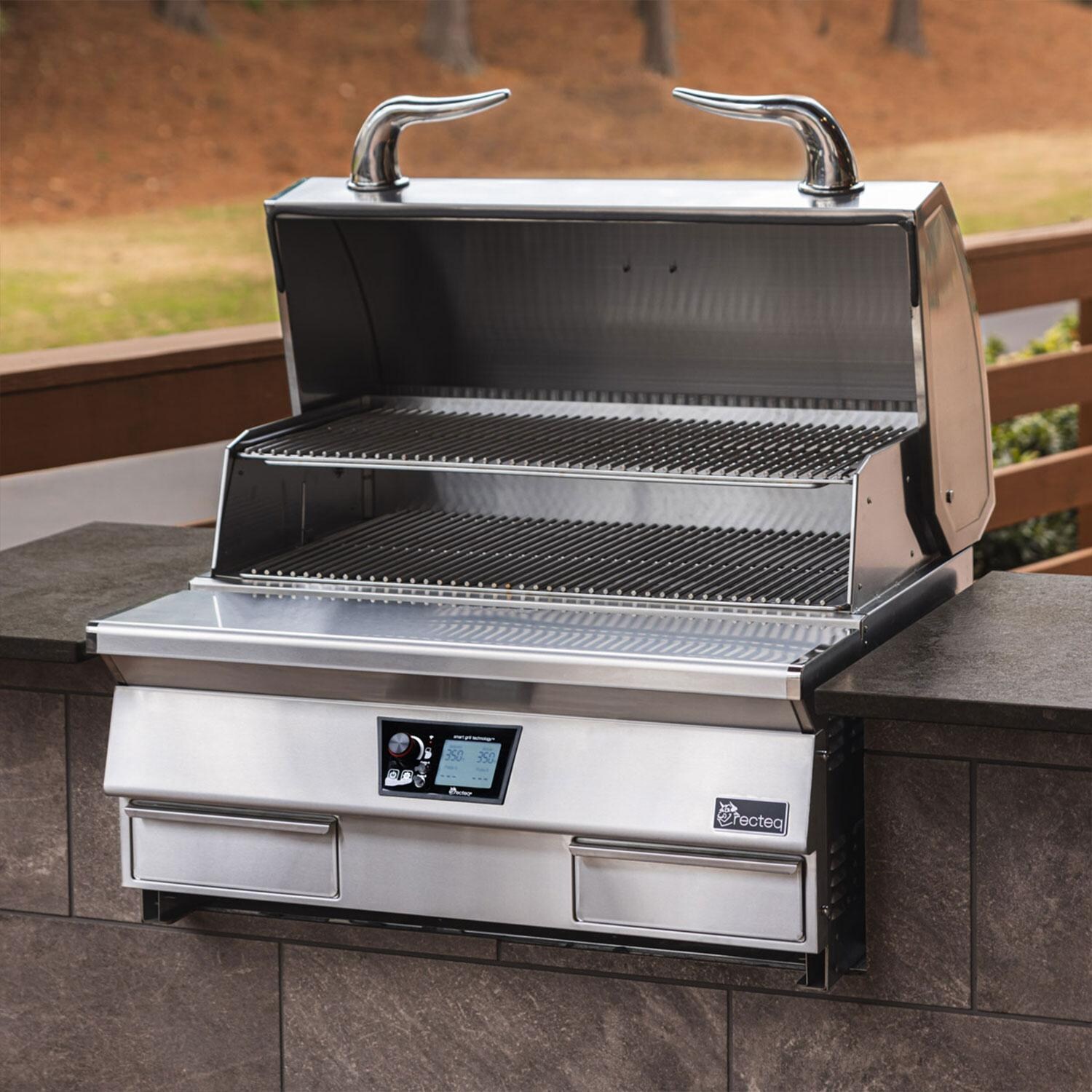 recteq RT-1300 E-Series Built-In 1300 Wood Pellet Grill - Lid Up - Lifestyle thumbnail