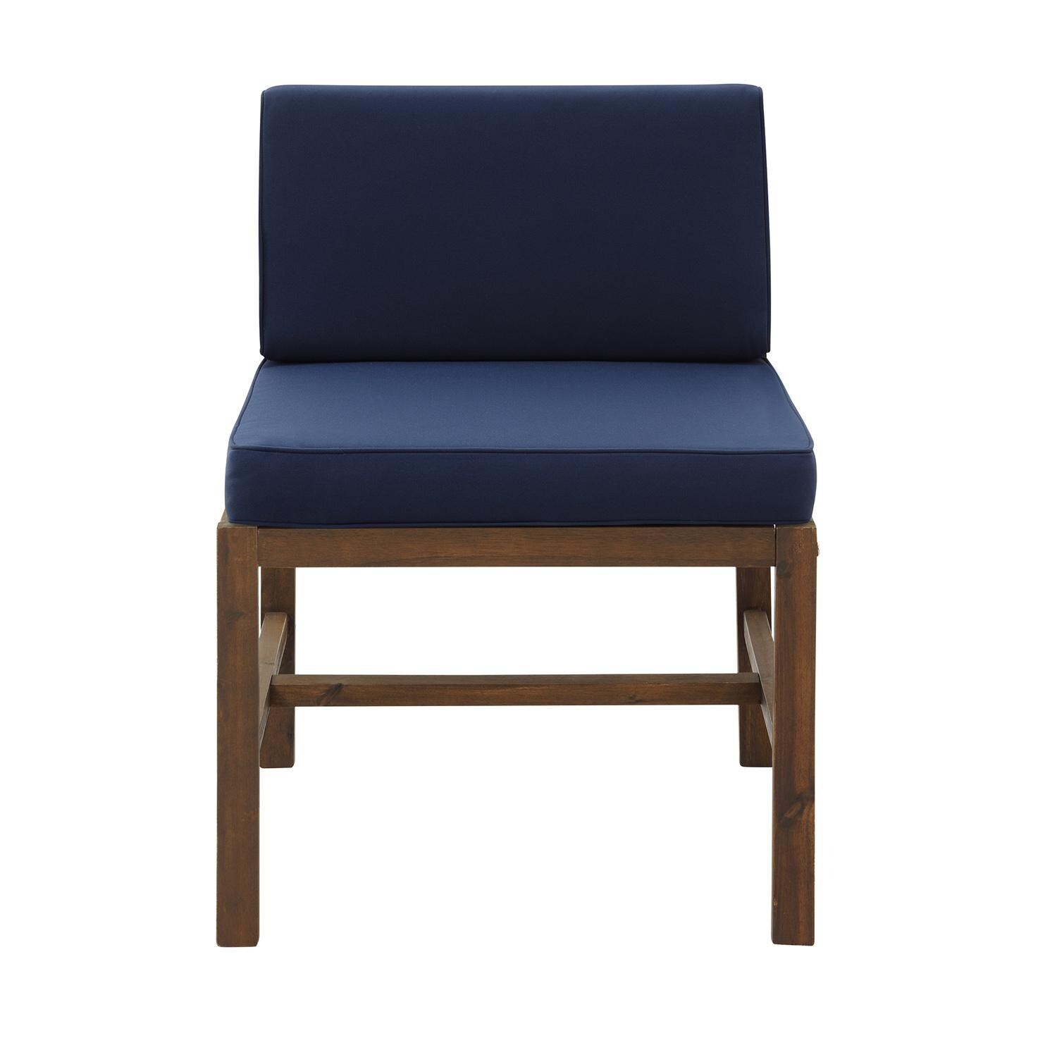 Walker Edison Sanibel Acacia Patio Armless Sectional Club Chair W/ Blue Cushions - Dark Brown image