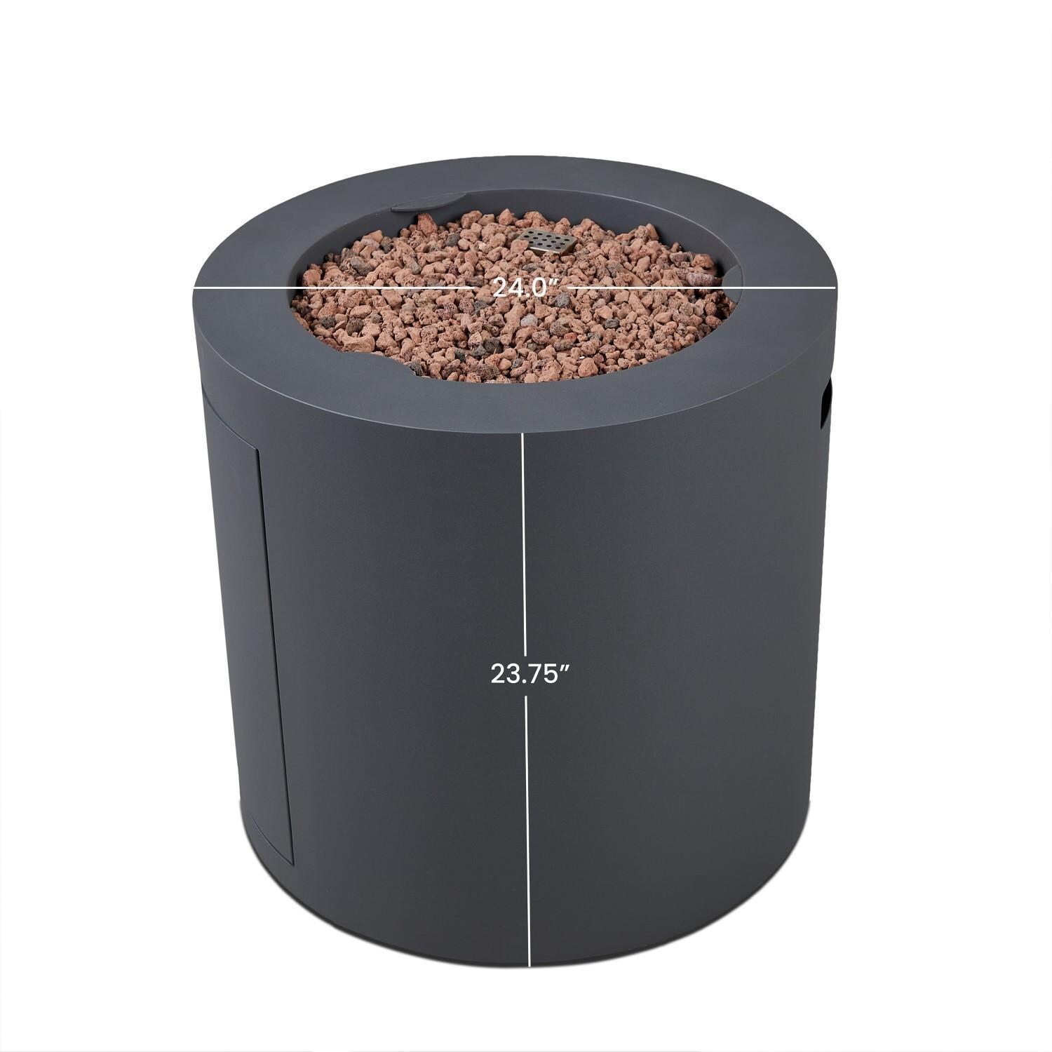 Elysian 24 Inch Round Steel Propane Fire Pit Table in Weathered Slate by Lakeview - Dimensional thumbnail