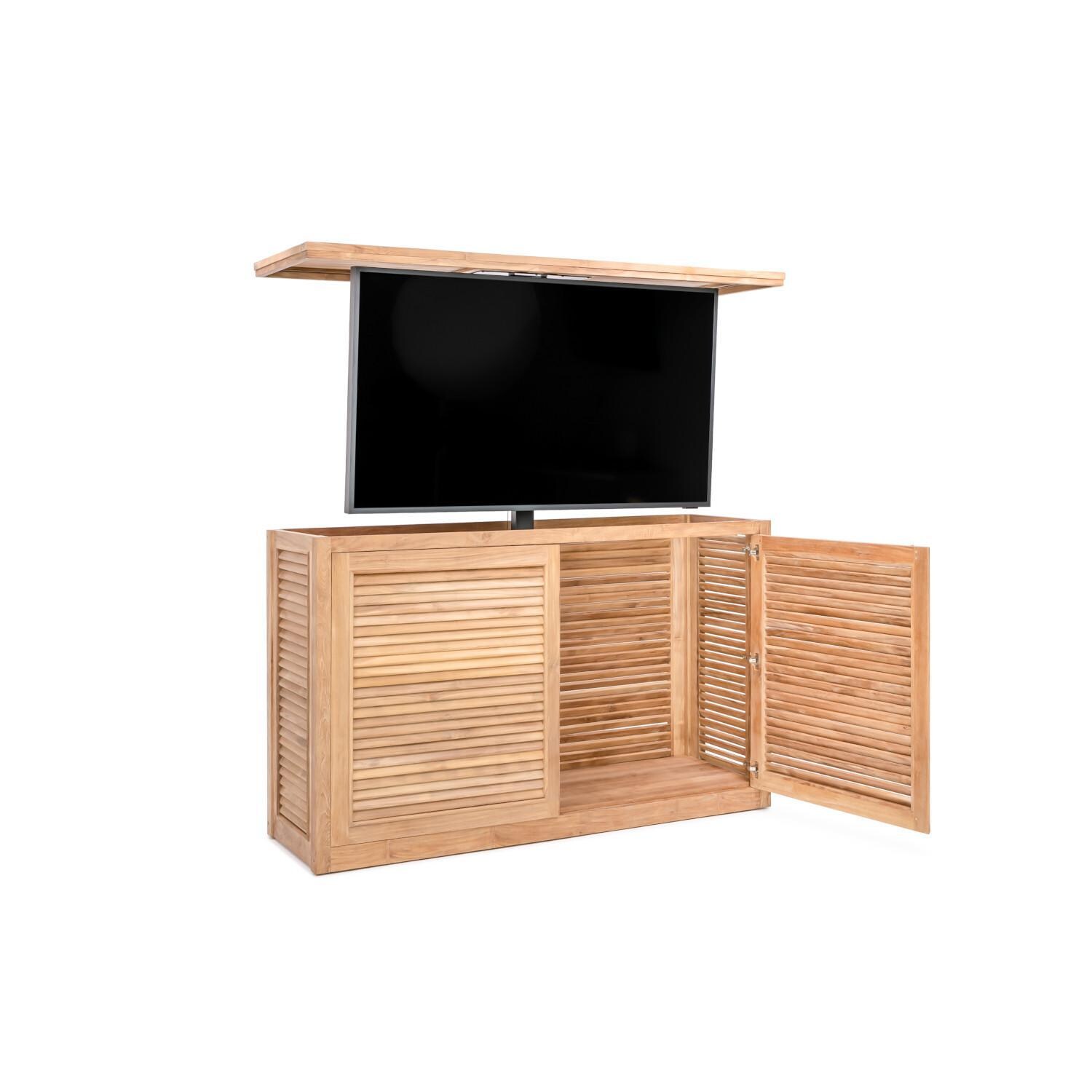 Teak + Table Relax TV Console W/ Standard Lift - TV Raised Angled - White Background thumbnail