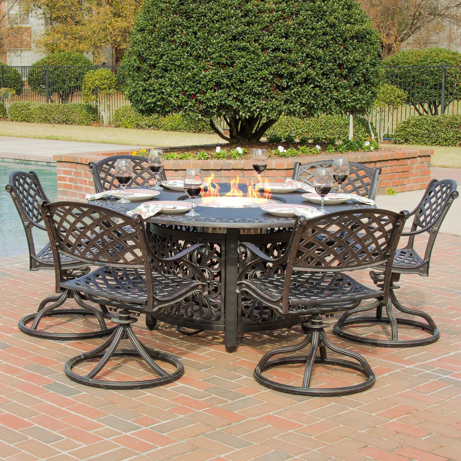 Heritage 7 Piece Cast Aluminum Patio Fire Pit Dining Set ...