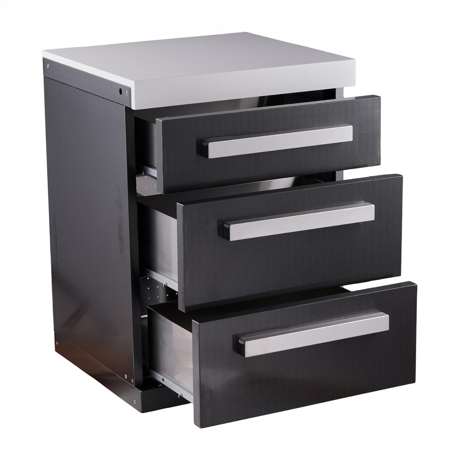 Mont Alpi MADRW-BSS Outdoor Rated Triple Drawer Cabinet Module - Black Stainless Steel - Open - White Background thumbnail