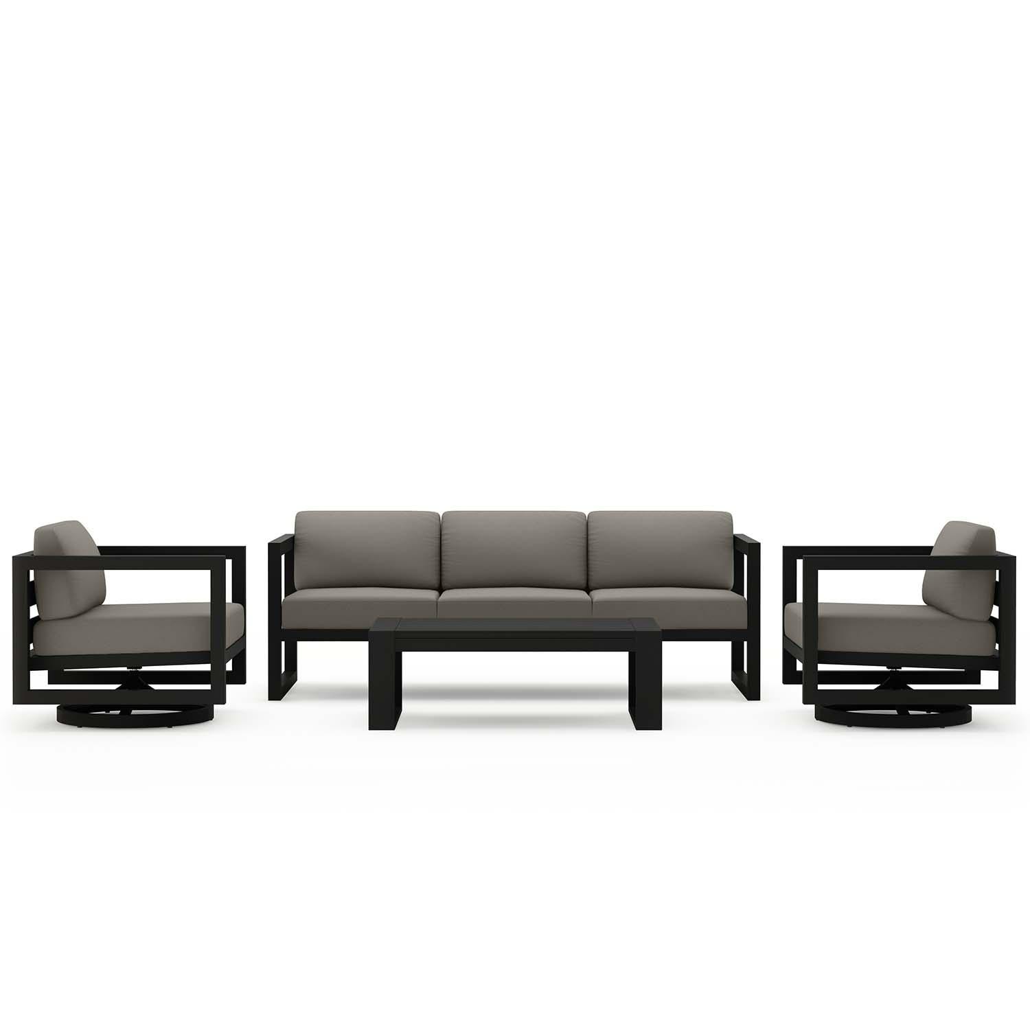 Misty Cove 4 Pc Aluminum Sofa Seating Set w/ Swivel Chairs in Black/Canvas Charcoal by Lakeview Outdoor Designs - White Background thumbnail