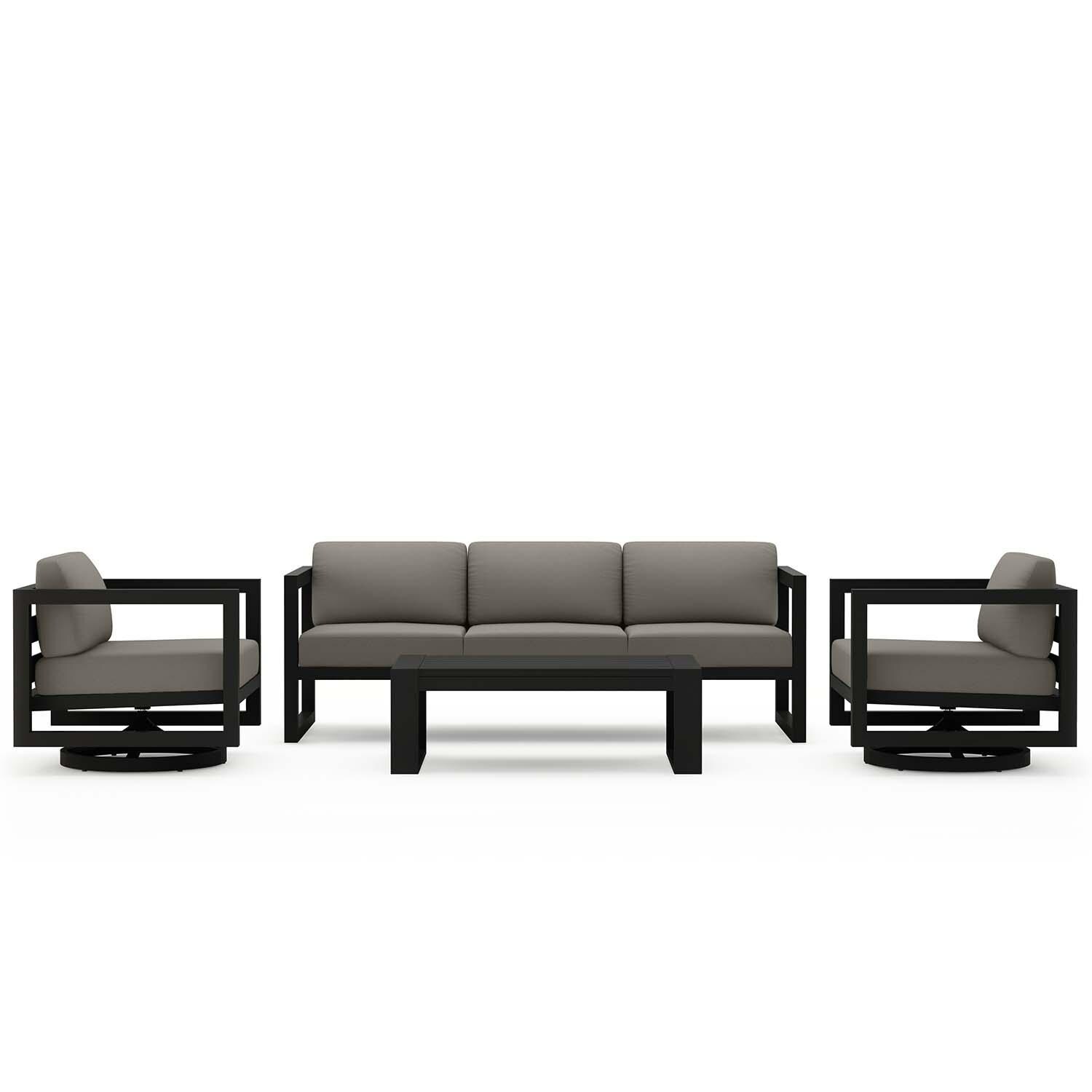 Misty Cove 4 Pc Aluminum Sofa Seating Set w/ Swivel Chairs in Black/Canvas Charcoal by Lakeview Outdoor Designs - White Background thumbnail