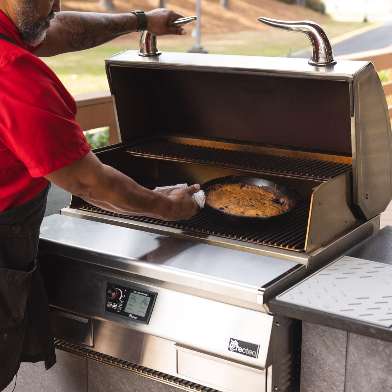 recteq RT-1300 E-Series Built-In 1300 Wood Pellet Grill - Cookie Skillet on Pellet Grill - Lifestyle