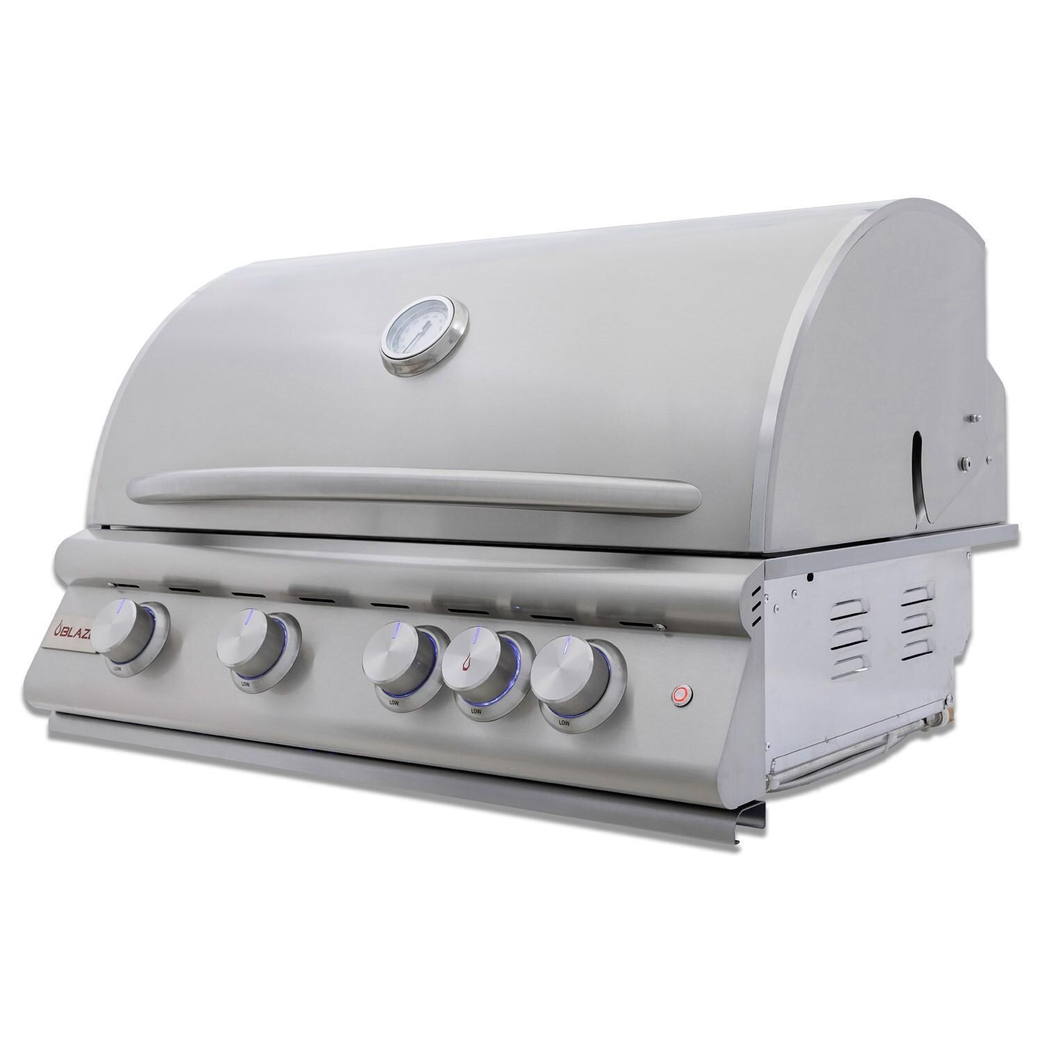 Blaze BLZ-4LTE3-NG Premium LTE+ 32-Inch 4-Burner Built-In Natural Gas Grill With Rear Infrared Burner & Lift-Assist Hood - Angled View - Closed - White Background thumbnail