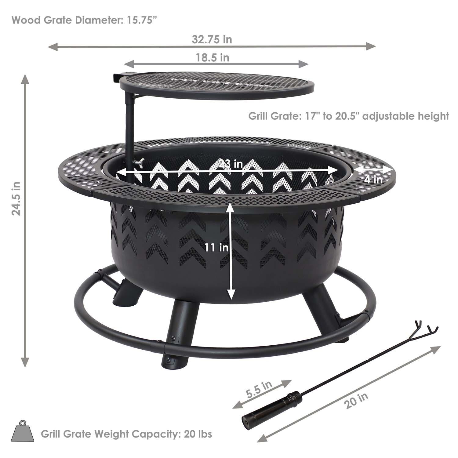 33 Inch Round Steel Wood Burning Fire Pit & Grill in Black By Ultimate Patio - Dimensional thumbnail