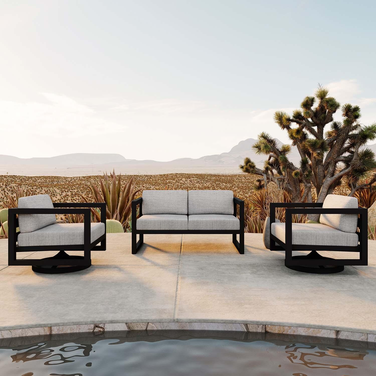 Misty Cove 3 Pc Aluminum Loveseat Seating Set w/ Swivel Chairs in Black/Cast Silver by Lakeview Outdoor Designs - Lifestyle thumbnail