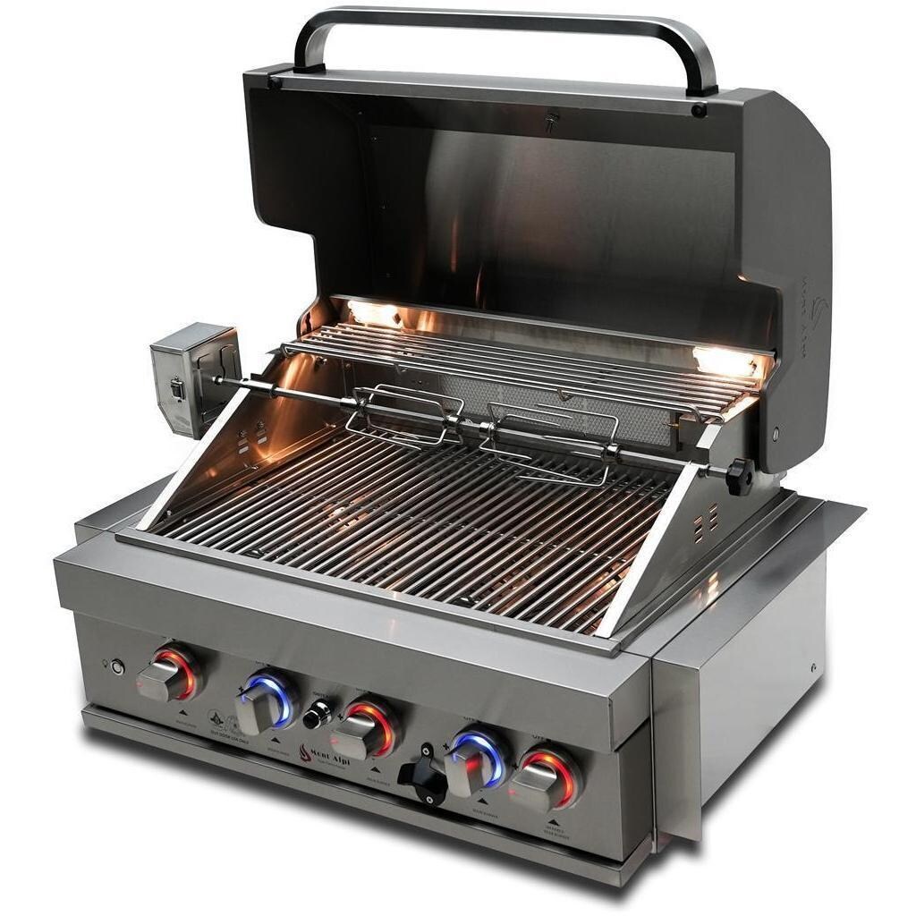 Mont Alpi MA400-AW 4-Burner Stainless Steel Art-Wood Natural Gas Island Grill - Grill Head Lid Open Angled Left - White Background thumbnail