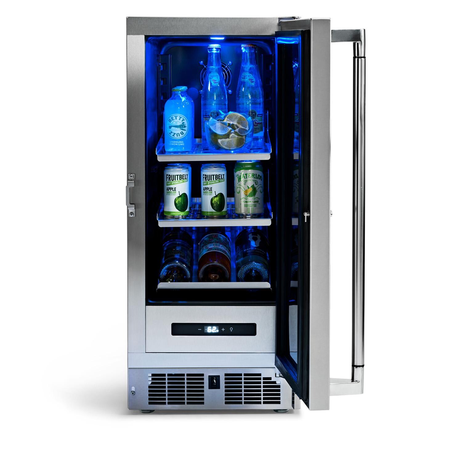 Lynx LN15REF 15-in 2.73 Cu. Ft. Outdoor Refrigerator w/ Lock - Door Open w/ Drinks Right Hinge - White Background thumbnail