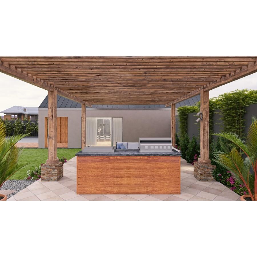 BBQGuys Signature 8ft Luxury Outdoor Island W/ Blaze Premium LTE 32-Inch Natural Gas Grill & LTE 30-Inch Natural Gas Griddle - Light National Walnut Aluminum W/ Black Polished Granite - Back -Lifestyle thumbnail