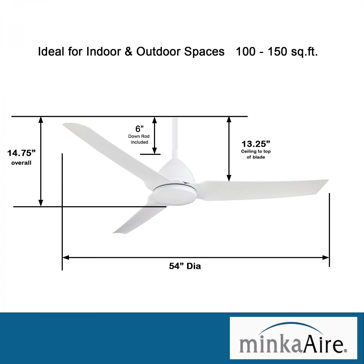 Minka-Aire F753-WHF Java 54-Inch 3-Blade Ceiling Fan in Flat White Finish w/ Flat White Blades - Dimensions thumbnail