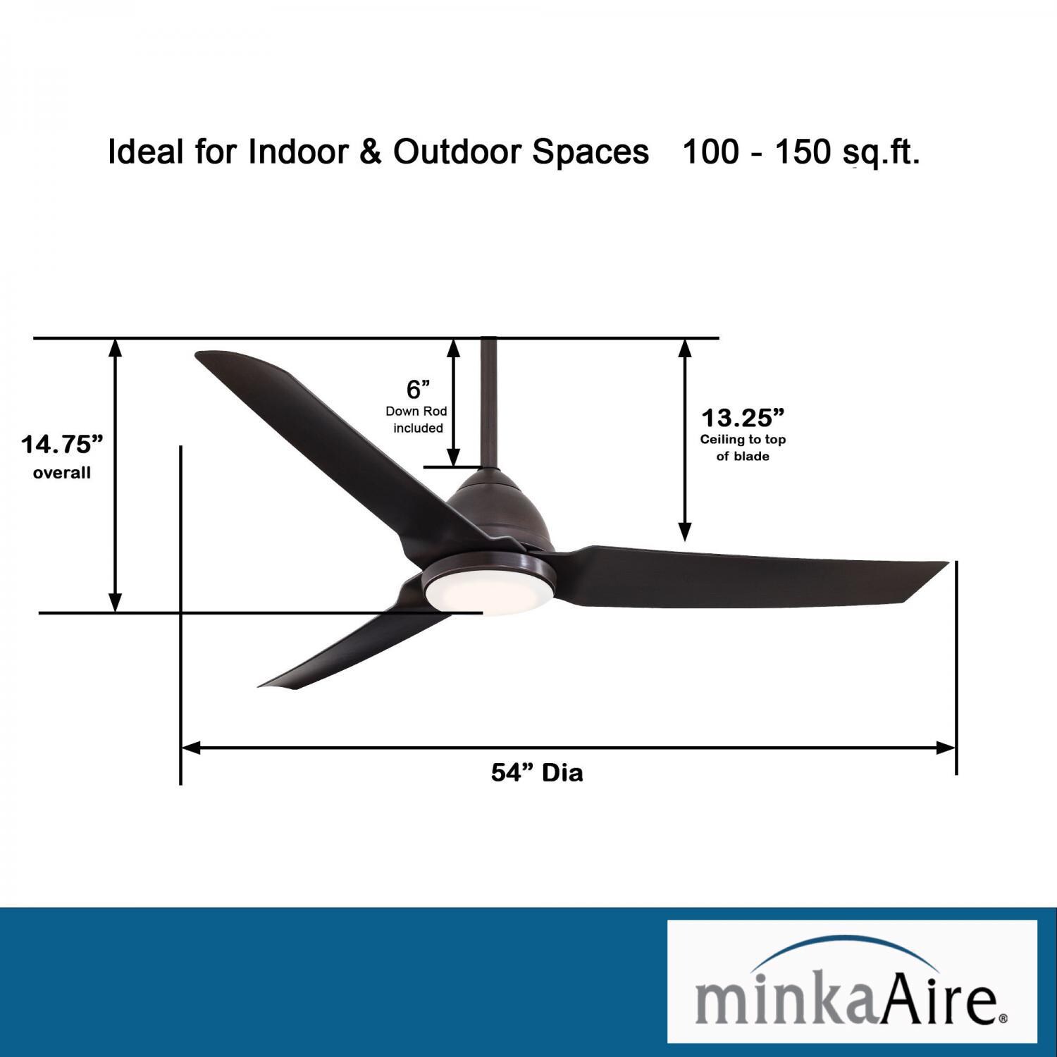 Minka-Aire F753L-KA Java 54-Inch 3-Blade Ceiling Fan in Kocoa Finish w/ Kocoa Blades & Etched Opal Glass - Dimensions thumbnail