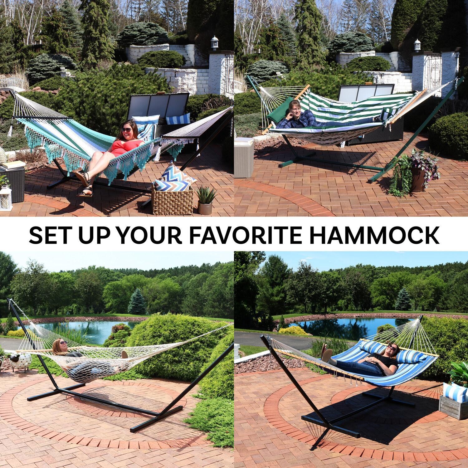 Ultimate Patio Heavy-Duty Steel Beam Hammock Stand - Black - Styled With Various Hammocks - Lifestyle