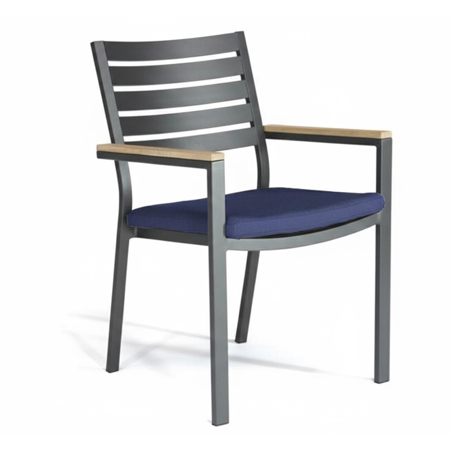 Elba 5 Pc Aluminum Dining Set w/ Teak Tabletop in Charcoal / Spectrum Indigo - Chair Angled - White Background thumbnail