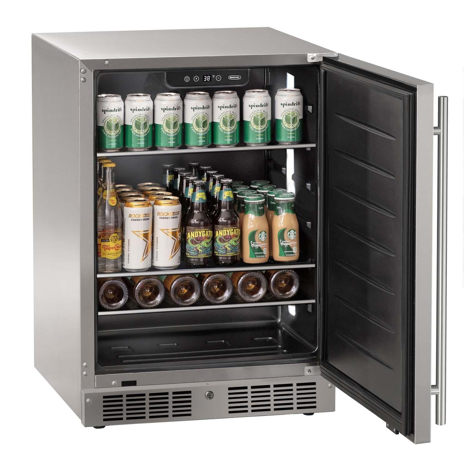 Marvel MRRE224-SS31A 24-in 5.1 Cu. Ft. Refrigerator - Door Open w/ Drinks - White Background thumbnail