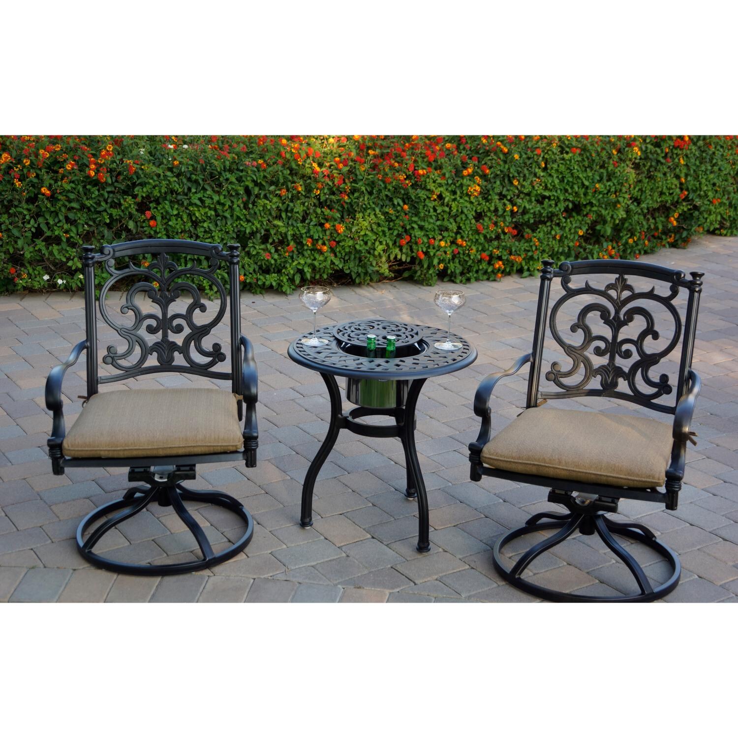 Darlee 201010-3PC-60RQ Santa Barbara 3 Piece Cast Aluminum Patio Bistro Set W/ Ice Bucket Insert & Sesame Cushions - Lifestyle thumbnail
