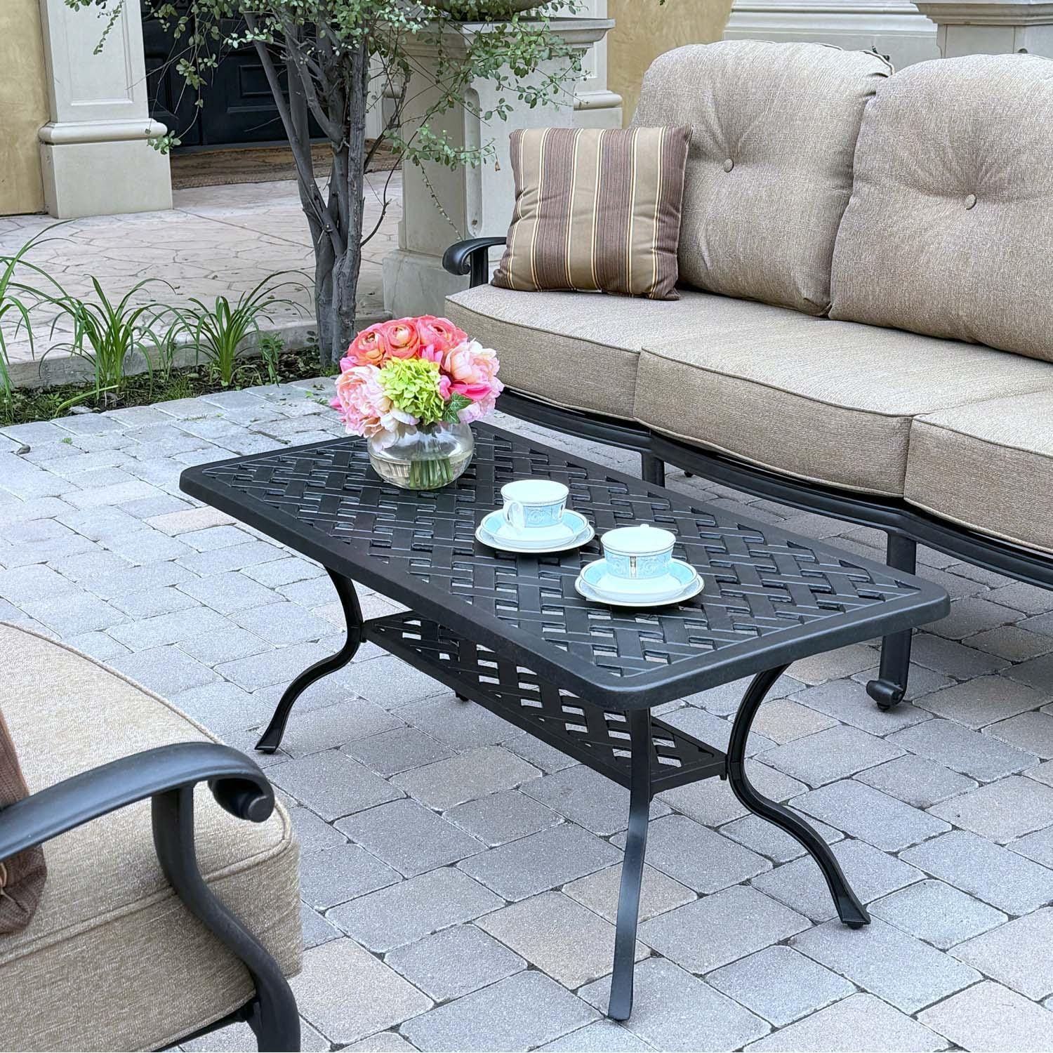 Darlee Elisabeth 5 Pc Cast Aluminum Seating Set w/ Series 30 Coffee Table & End Table in Antique Bronze/Beige Canvas - Table Angled - Lifestyle thumbnail