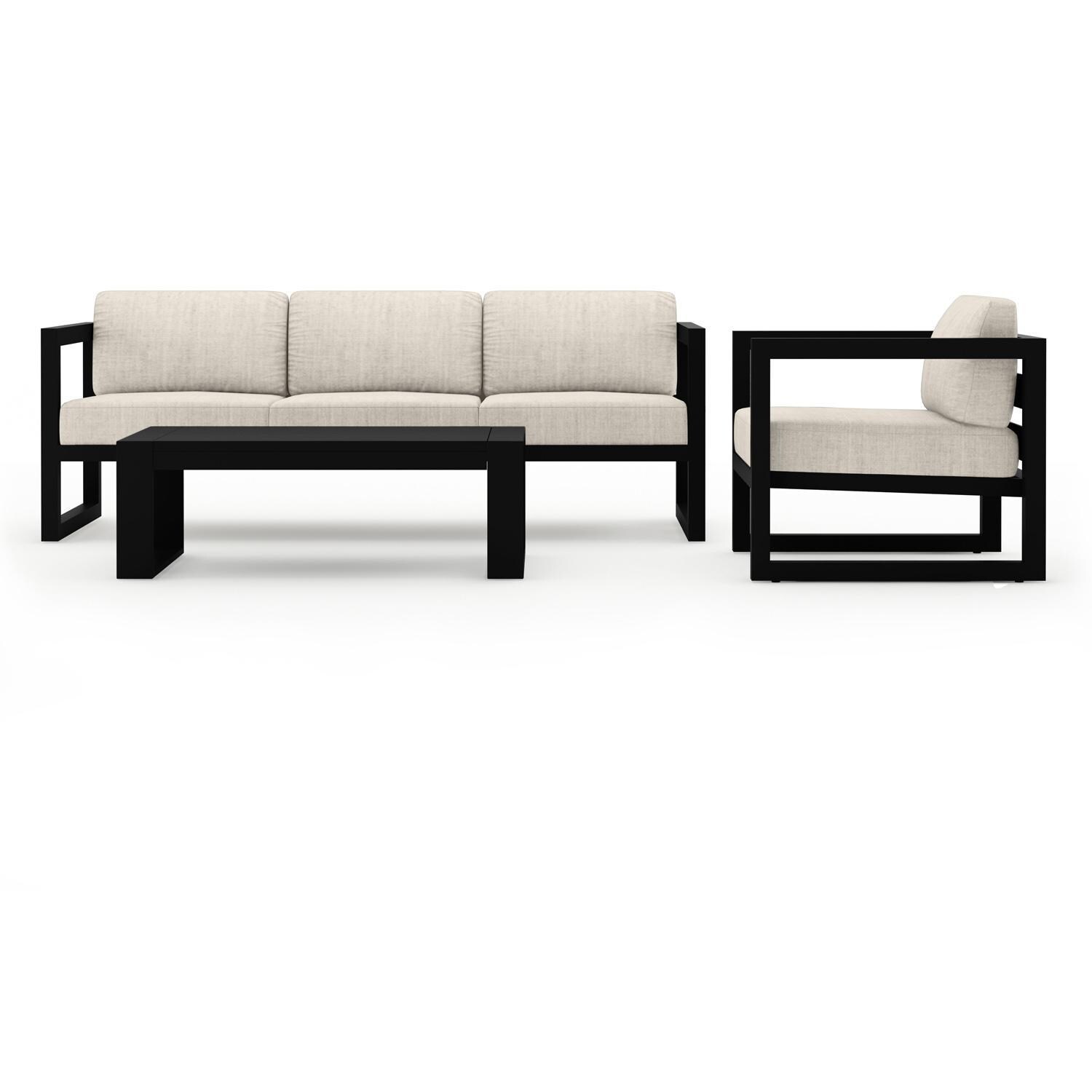 Lakeview MSTYCV-BK-3SS-CS Misty Cove 3 Pc Aluminum Seating Set in Black w/Portal Coffee Table & Cast Silver Cushions by Lakeview Outdoor Designs - Set Front View - White Background thumbnail