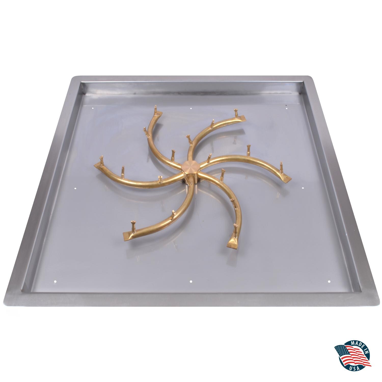 The Outdoor Plus Bullet Burner Drop in Pan Kit - 36-inch Square Drop in Aluminum Fire Pan with 30-inch Brass S Bullet Burner - Match Light