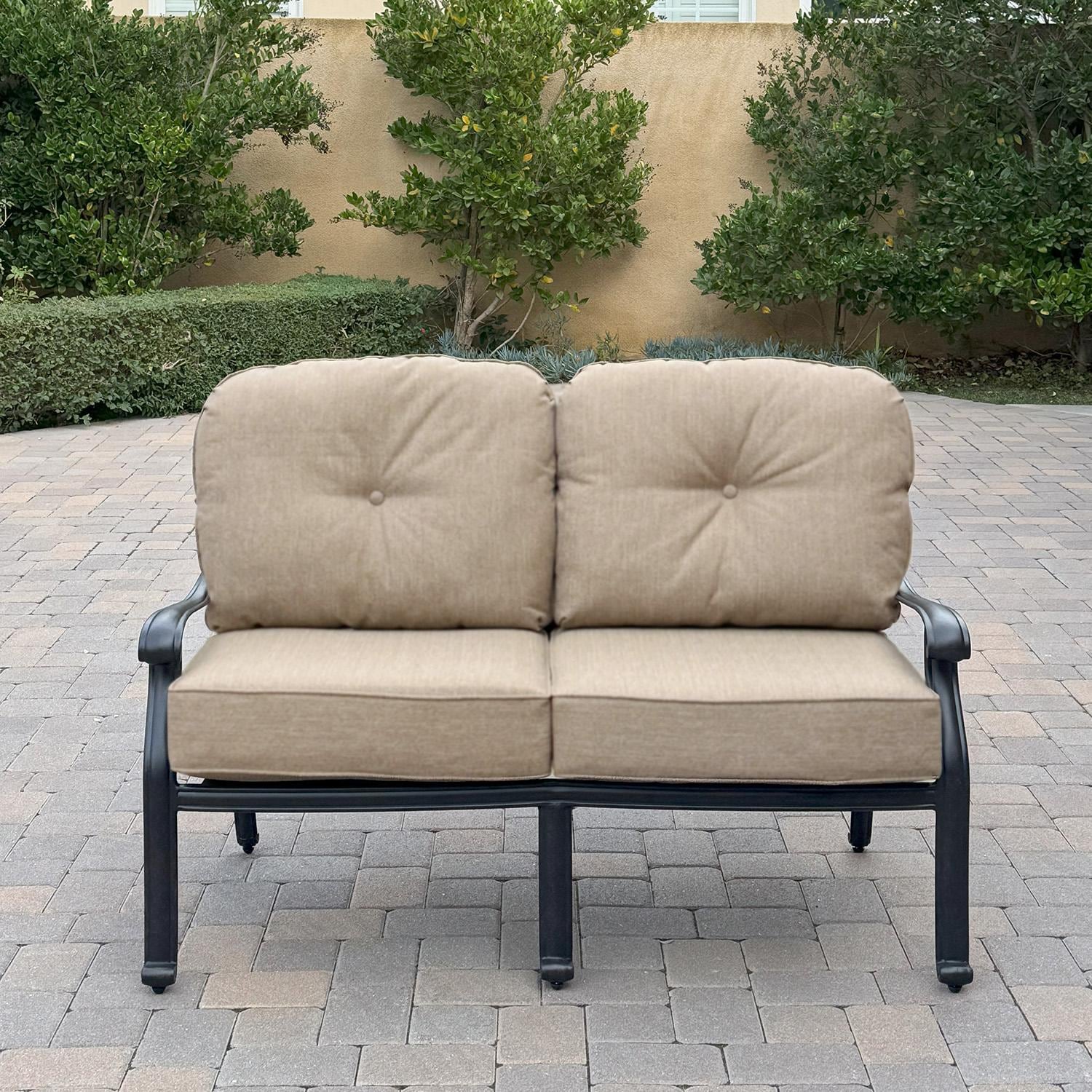 Darlee Elisabeth 5 Pc Cast Aluminum Fire Pit Seating Set w/ Loveseat, Sofa, Club Chair and Ottoman in Antique Bronze/Beige - Loveseat - Lifestyle thumbnail