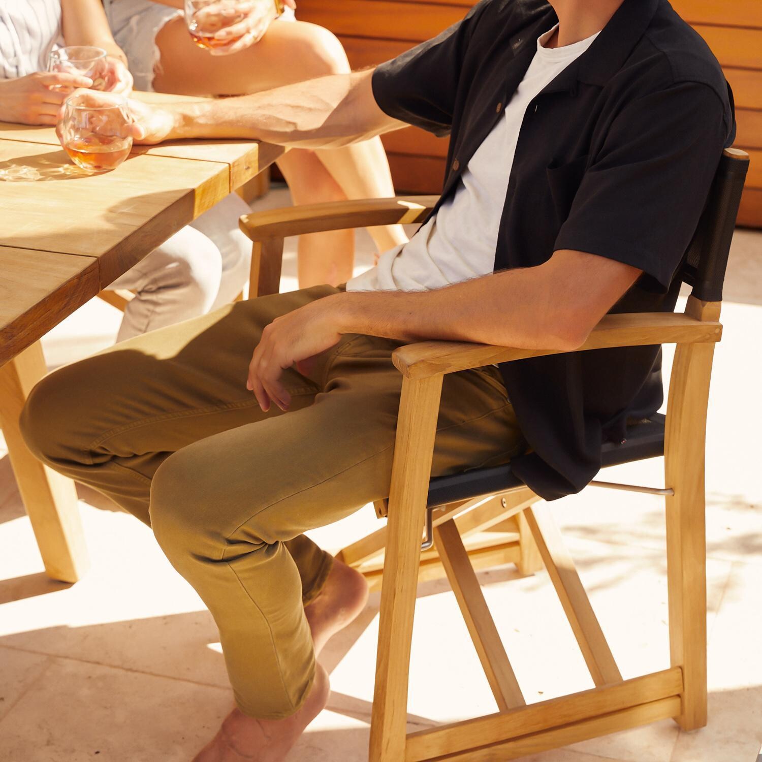 Teak + Table Monday Teak Patio Director Chair W/Black Sling - Happy Hour - Lifestyle thumbnail