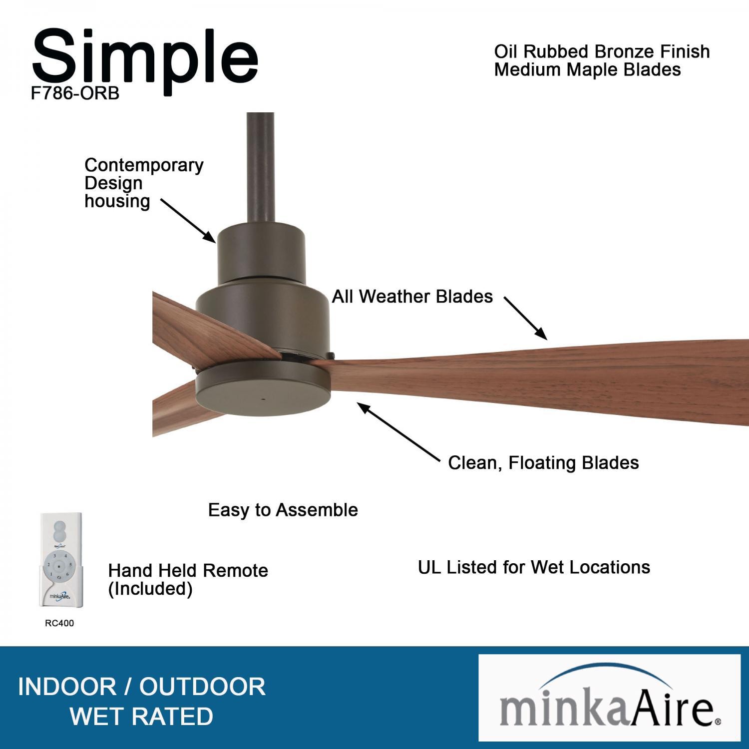 Minka-Aire F786-ORB Simple 44-Inch 3-Blade Ceiling Fan in Oil Rubbed Bronze Finish w/ - Medium Maple - Blades - Details thumbnail