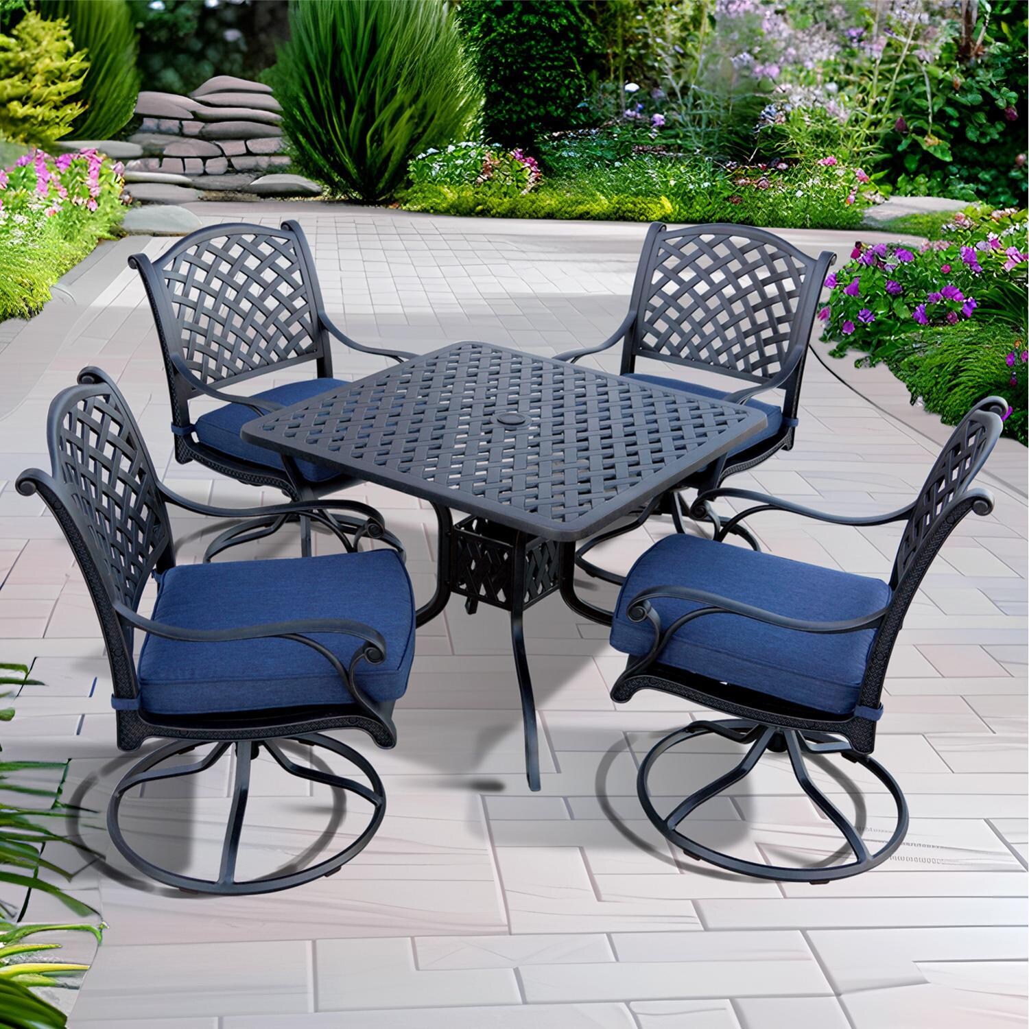 Darlee Nassau 5-Piece Patio Swivel Rocker Dining Set with Navy Blue Cushions and 36 Inch Square Dining Table - Set - Lifestyle thumbnail