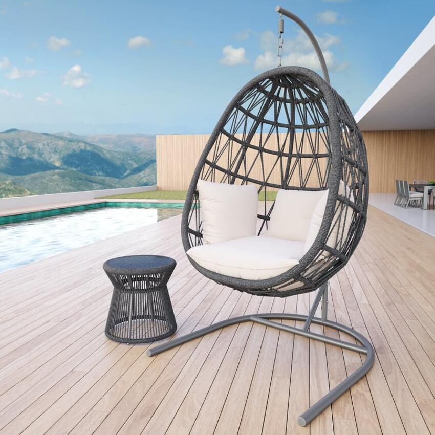 Sunset West - Milano 2 Piece Olefin Rope Hanging Patio Hanging Chair Set W/ End Table & Sunbrella Echo Ash Cushions thumbnail