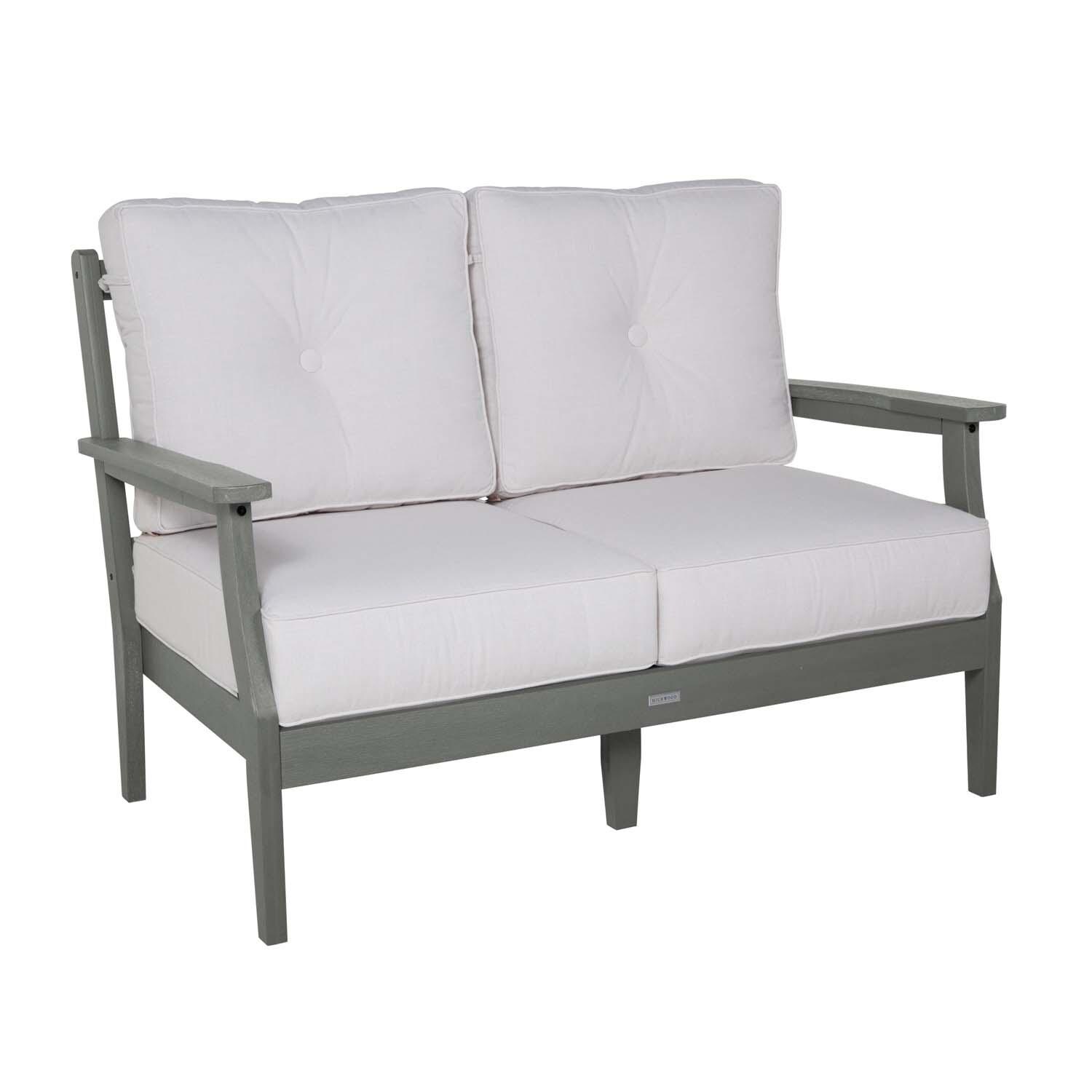 Blushing Bay 2 Person Recycled Plastic Loveseat in Bliss Linen/Coastal Teak by Lakeview Outdoor Designs - Left Angled - White Background thumbnail