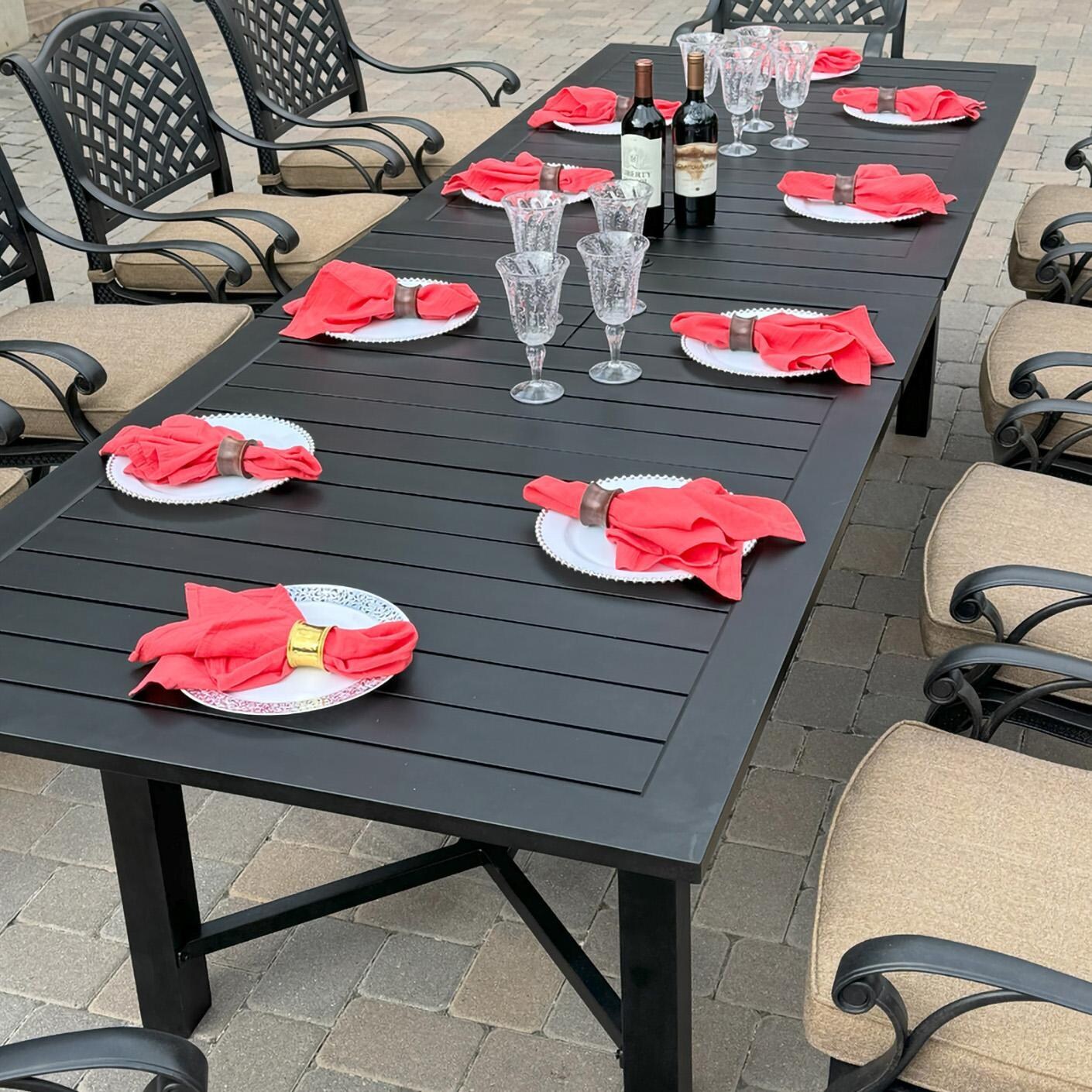 Darlee B/DL13-11PCDR-2350LE-S Nassau 11 Pc Cast Aluminum Dining Set w/ Rocker in Antique Bronze w/ Sesame Cushions - Table Setting - Lifestyle thumbnail