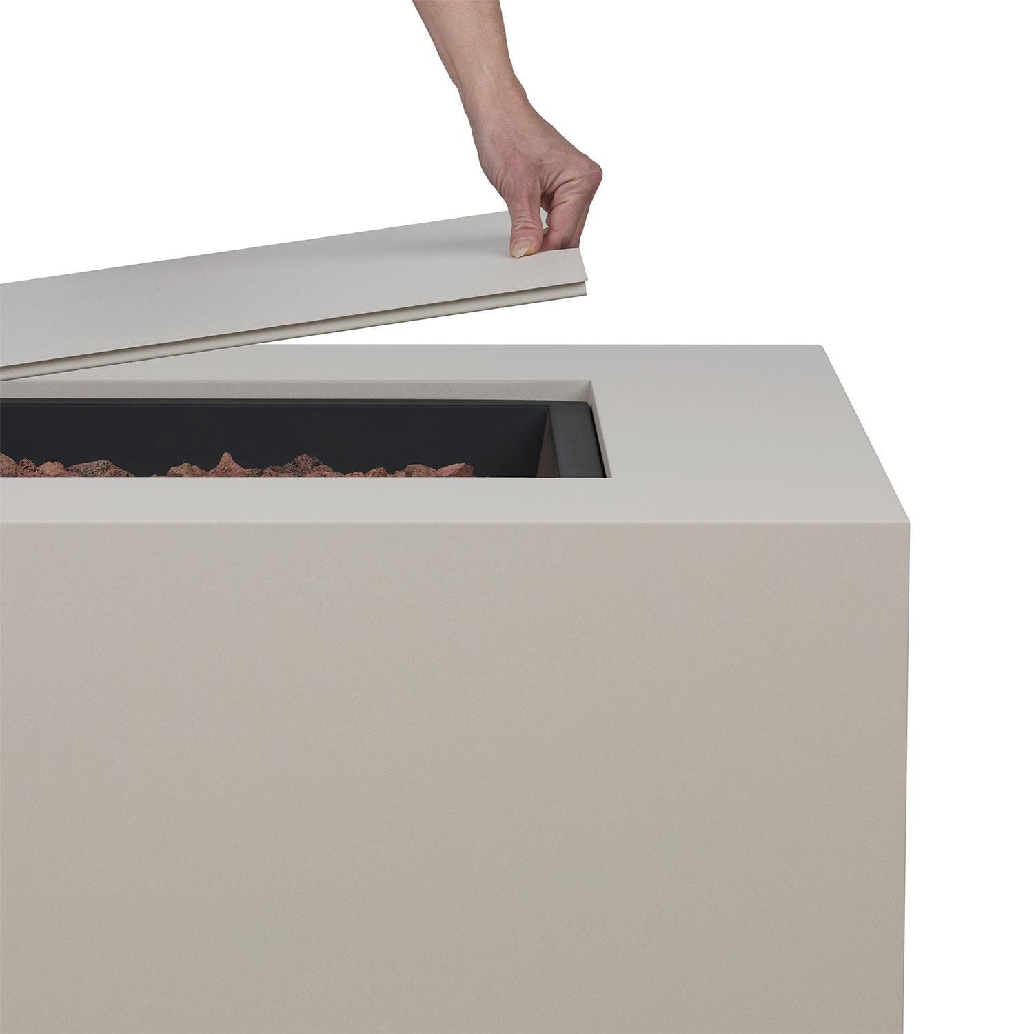 Elysian 50-in Rectangular Steel Propane Fire Pit Table in Light Sand by Lakeview Outdoor Designs - Easy Drop-In Lid - Detail thumbnail