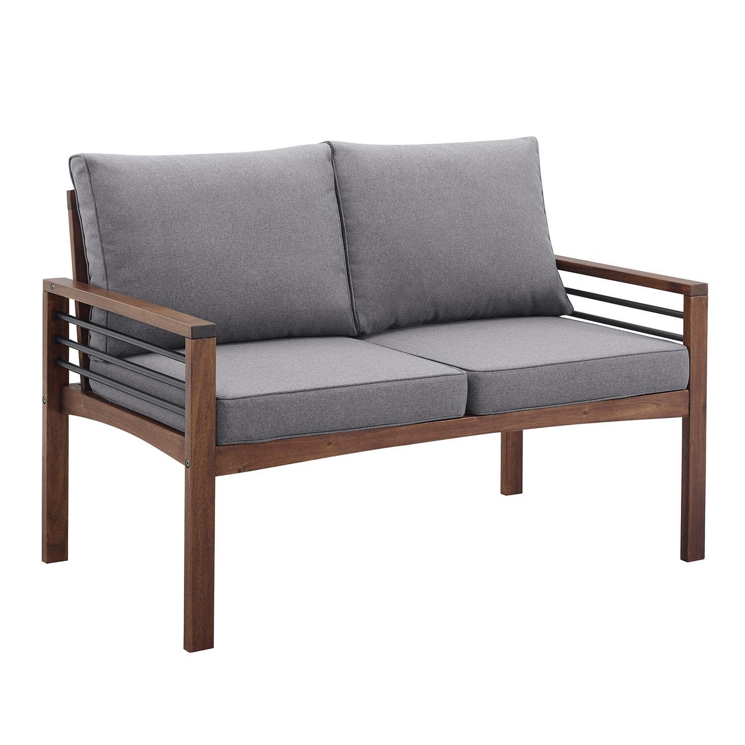 Ultimate Patio Land Bay Acacia & Steel Patio Loveseat W/ Gray Cushions - Dark Brown thumbnail