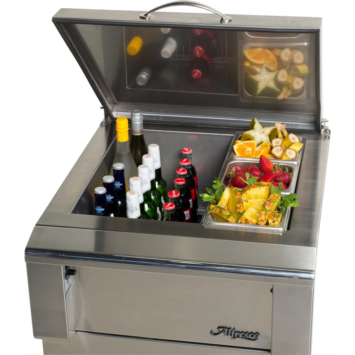 Alfresco Built-In Countertop Refrigerator Inside View with Food Pans thumbnail